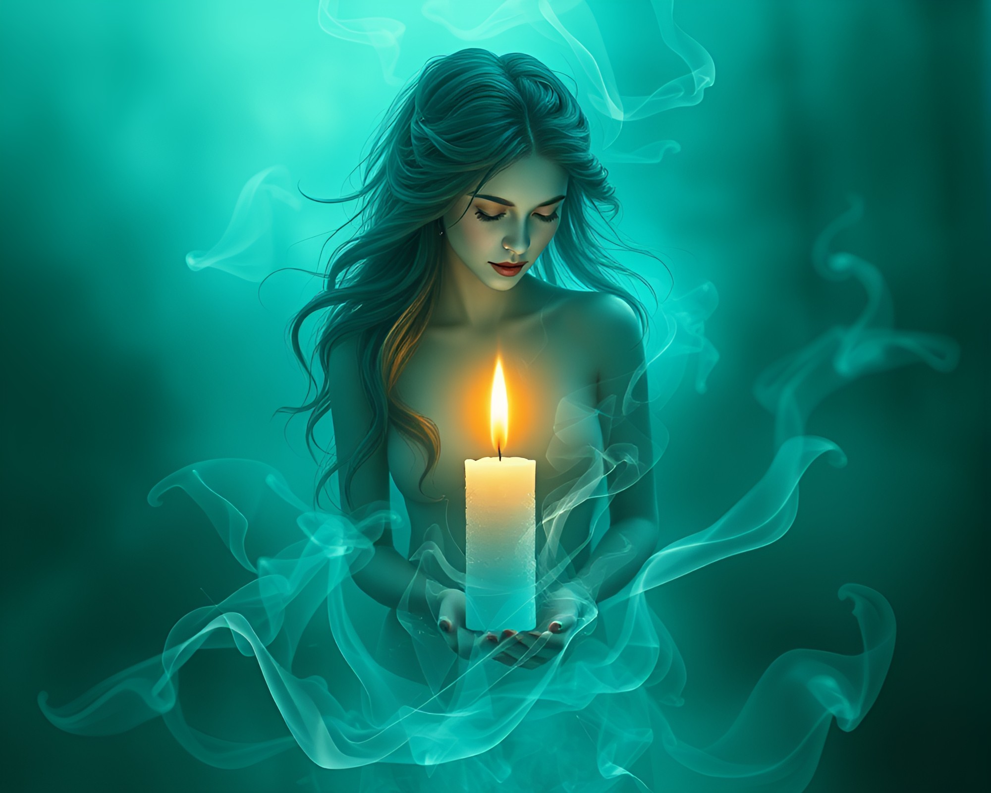 Ethereal Nymph Surrounded by Turquoise Candle Smoke – free AI stock image