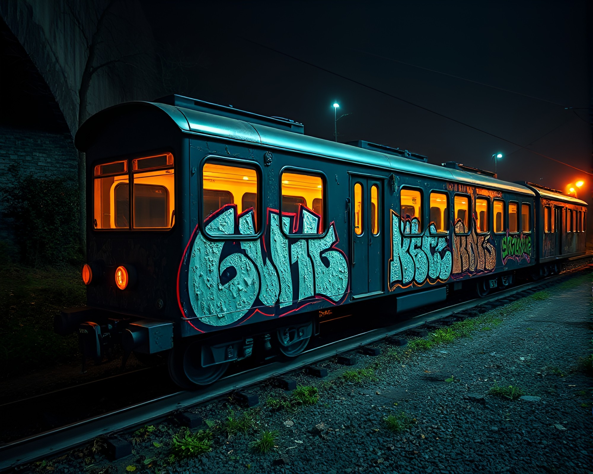 Magnetic Levitation Train with Neon Graffiti Lichen Texture – free AI stock image