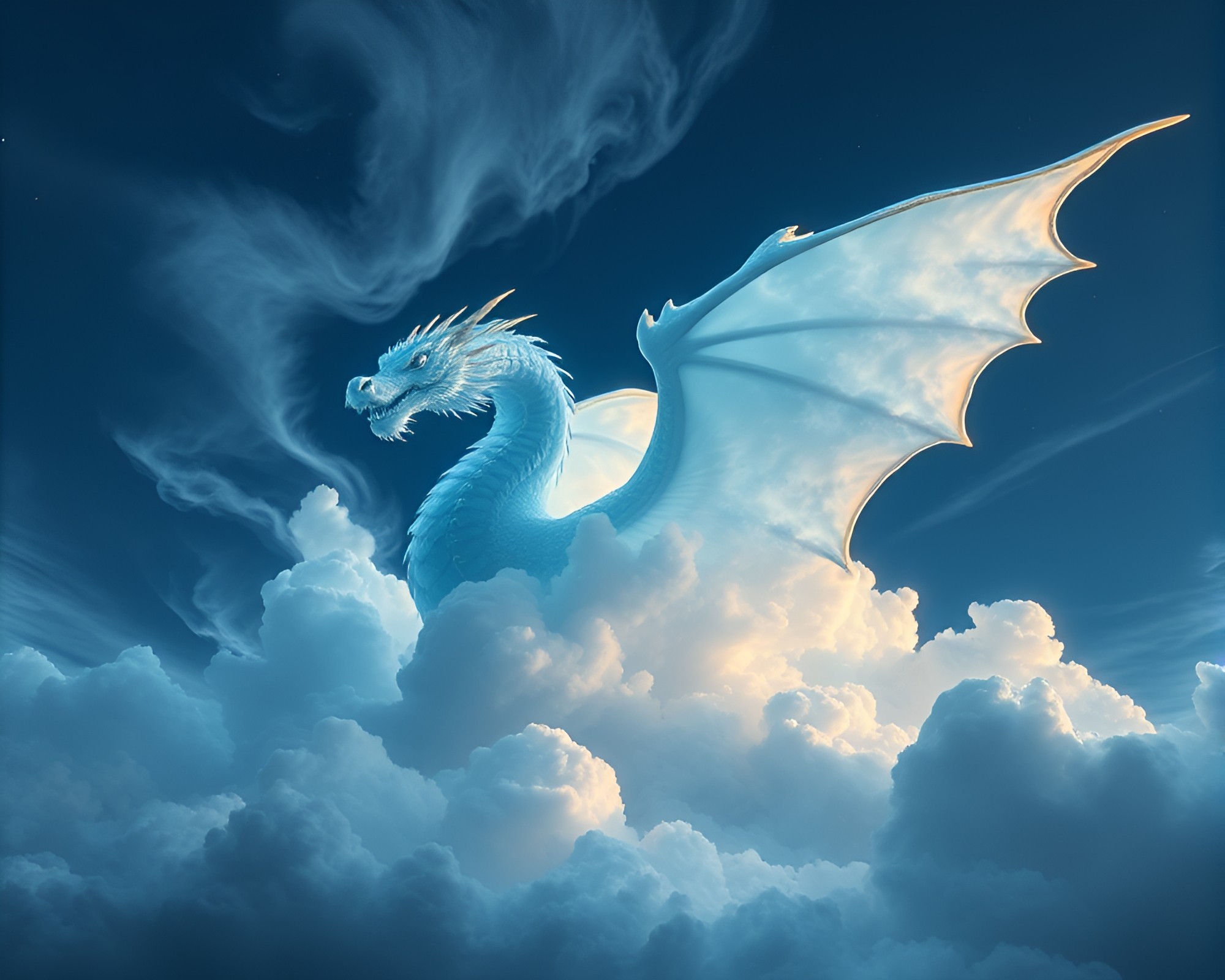 Celestial Dragon Soaring Through Ice-Blue Cloud Formations – free AI stock image