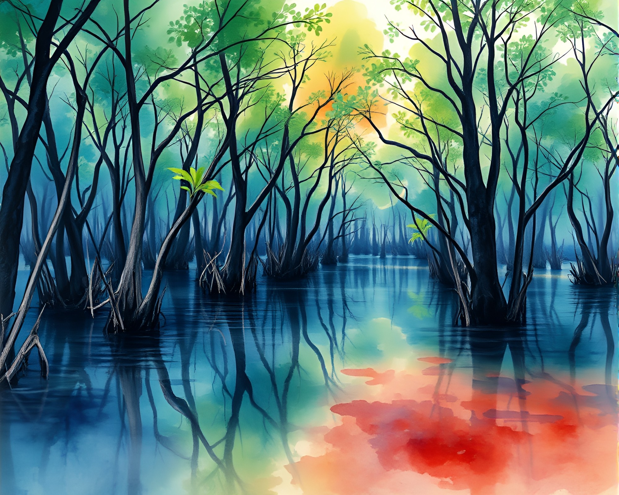 Surreal Watercolor Mangrove Swamp Depth Layering – free AI stock image