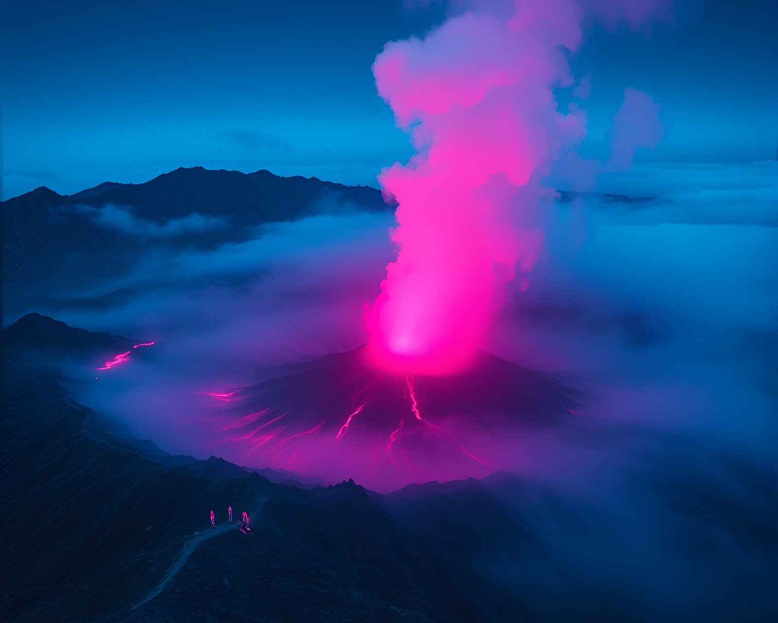 X-ray style image of eerie volcano crater with magenta fog