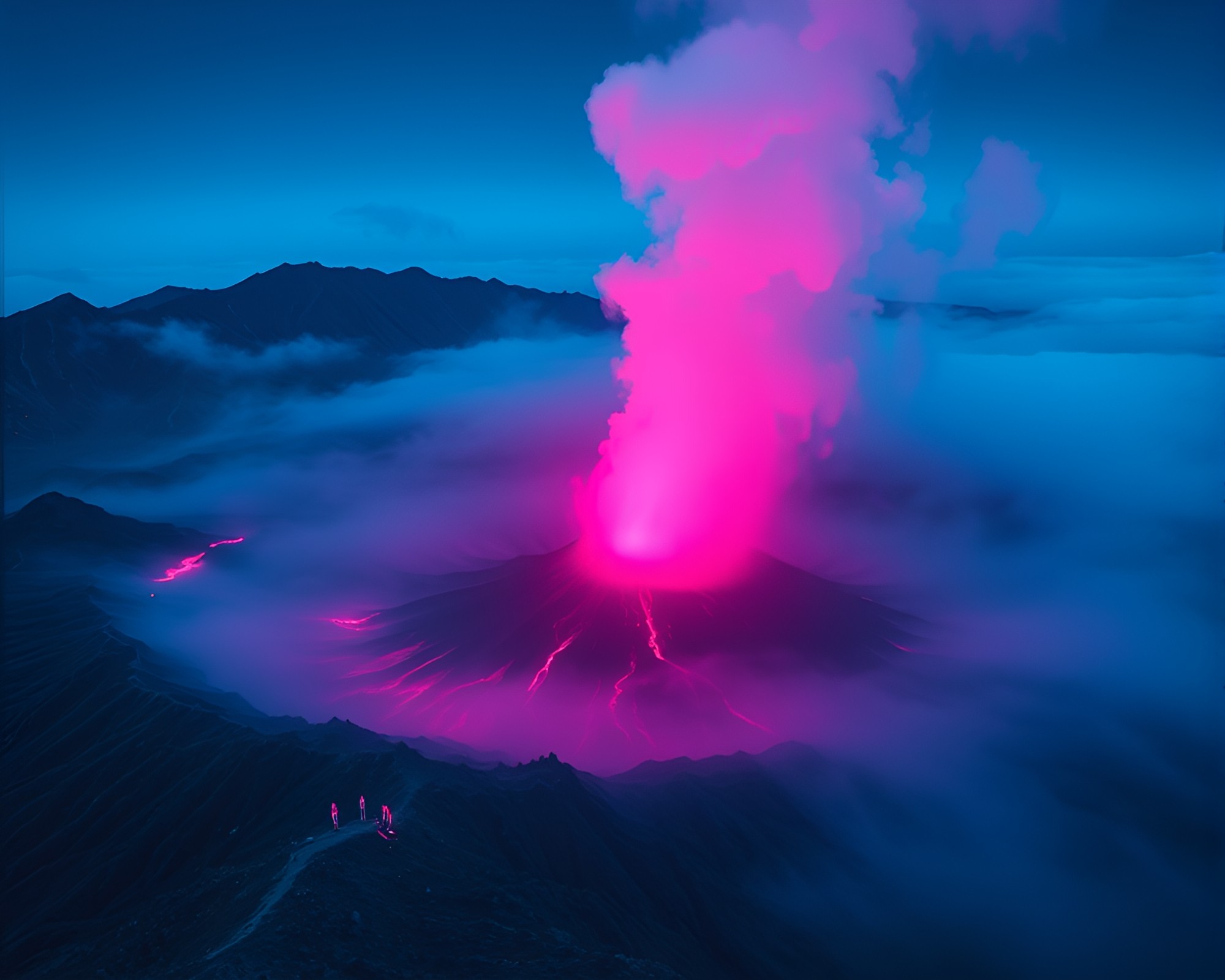 Inferno Depths: Volcano Crater Shrouded in Magenta Fog – free AI stock image