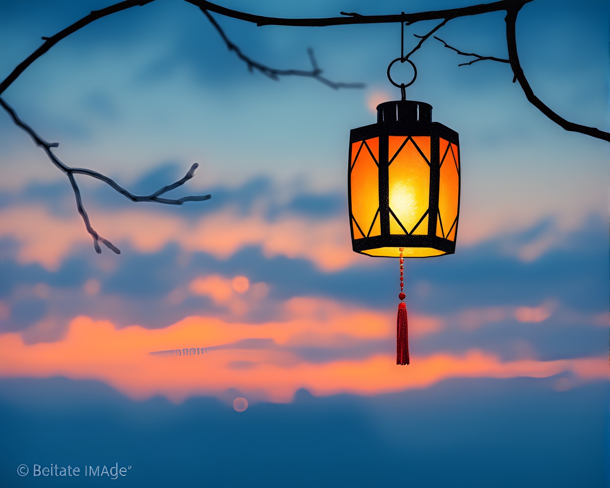 Enchanting Twilight Lantern Flare Art Composition – free AI stock image