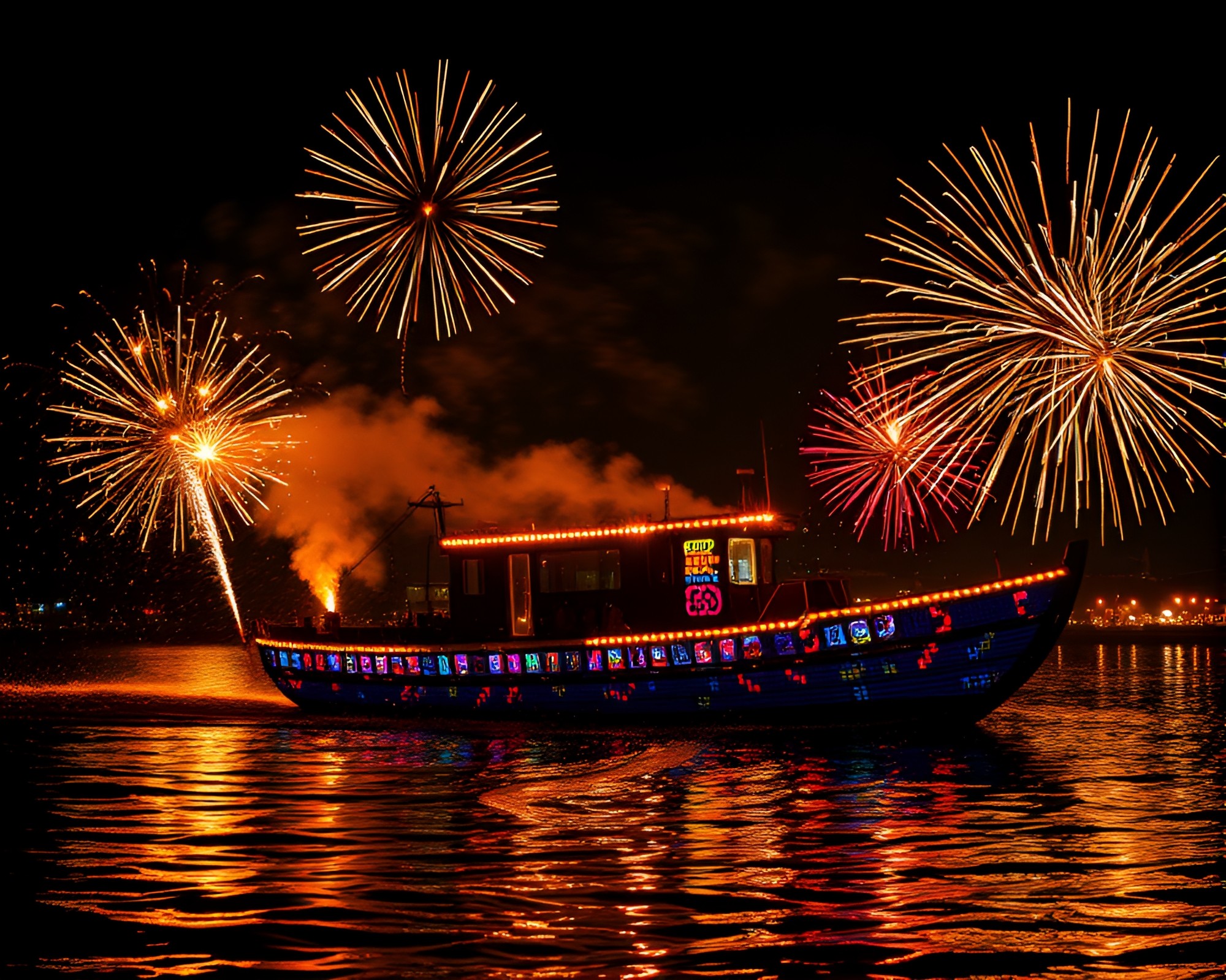 Mosaic Hydrofoil Boat in Festival Fireworks Glow – free AI stock image