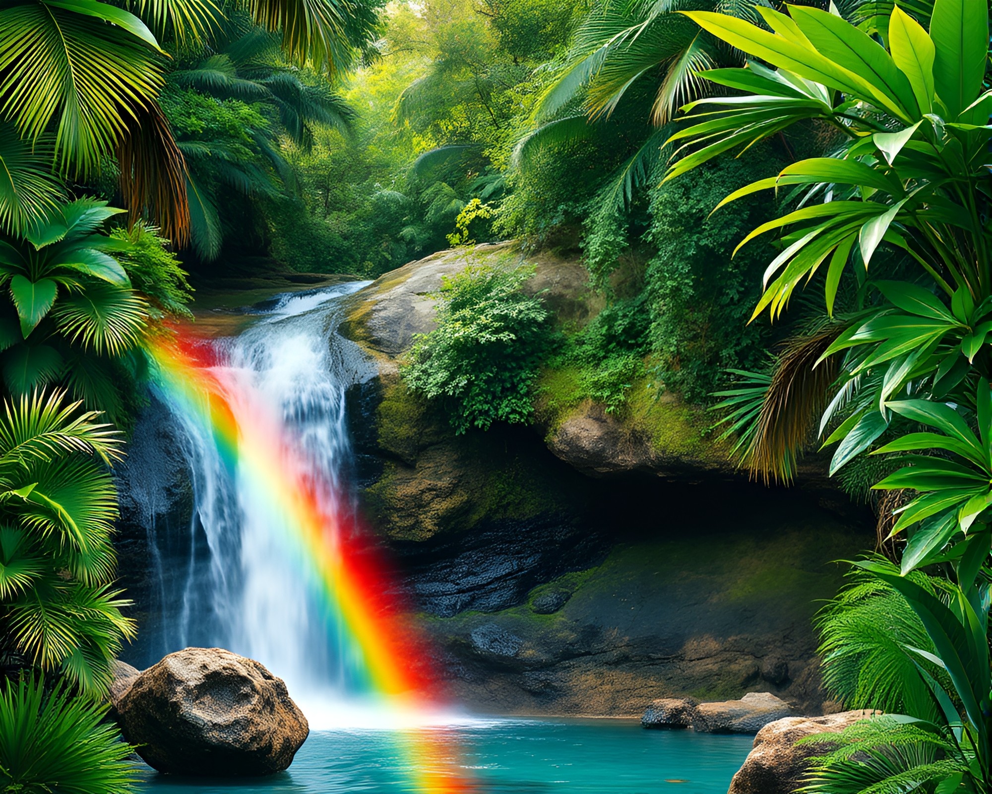 Tropical Waterfall Collage with Rainbow Spectrum Framing – free AI stock image