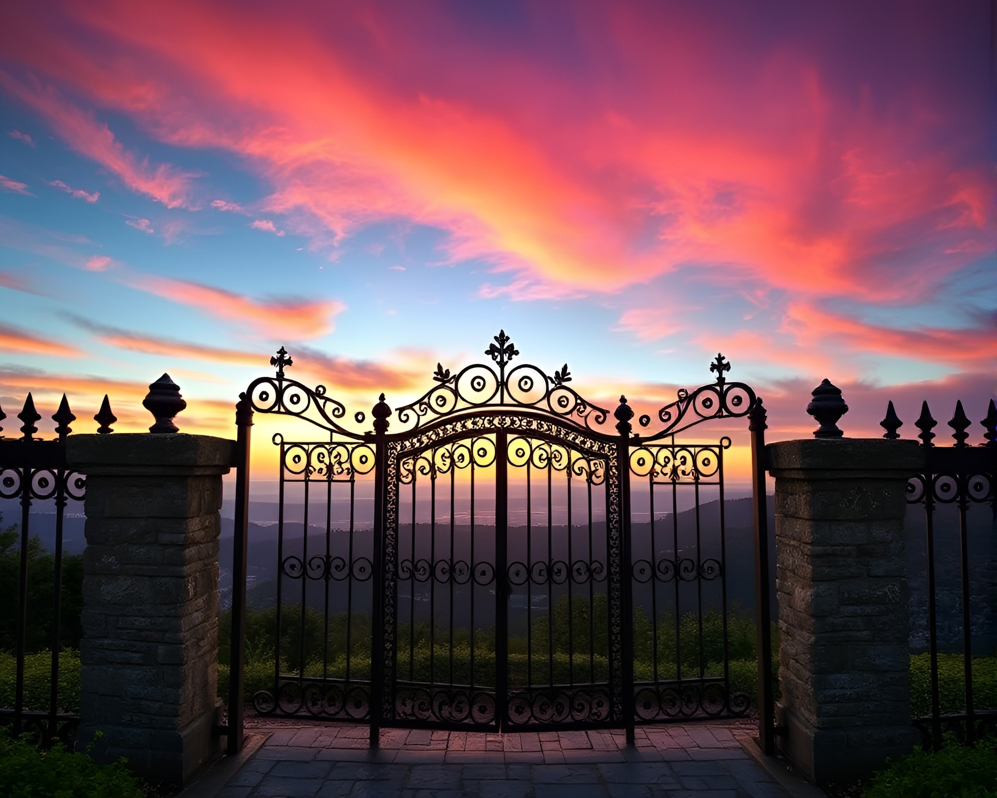 Ethereal Wrought Iron Gate Under Aurora Hues – free AI stock image