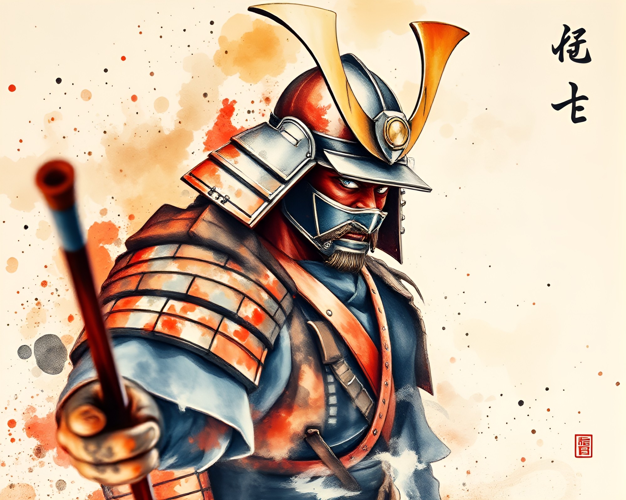 Sakura Samurai: Watercolor Shallow Depth Mural Painting – free AI stock image