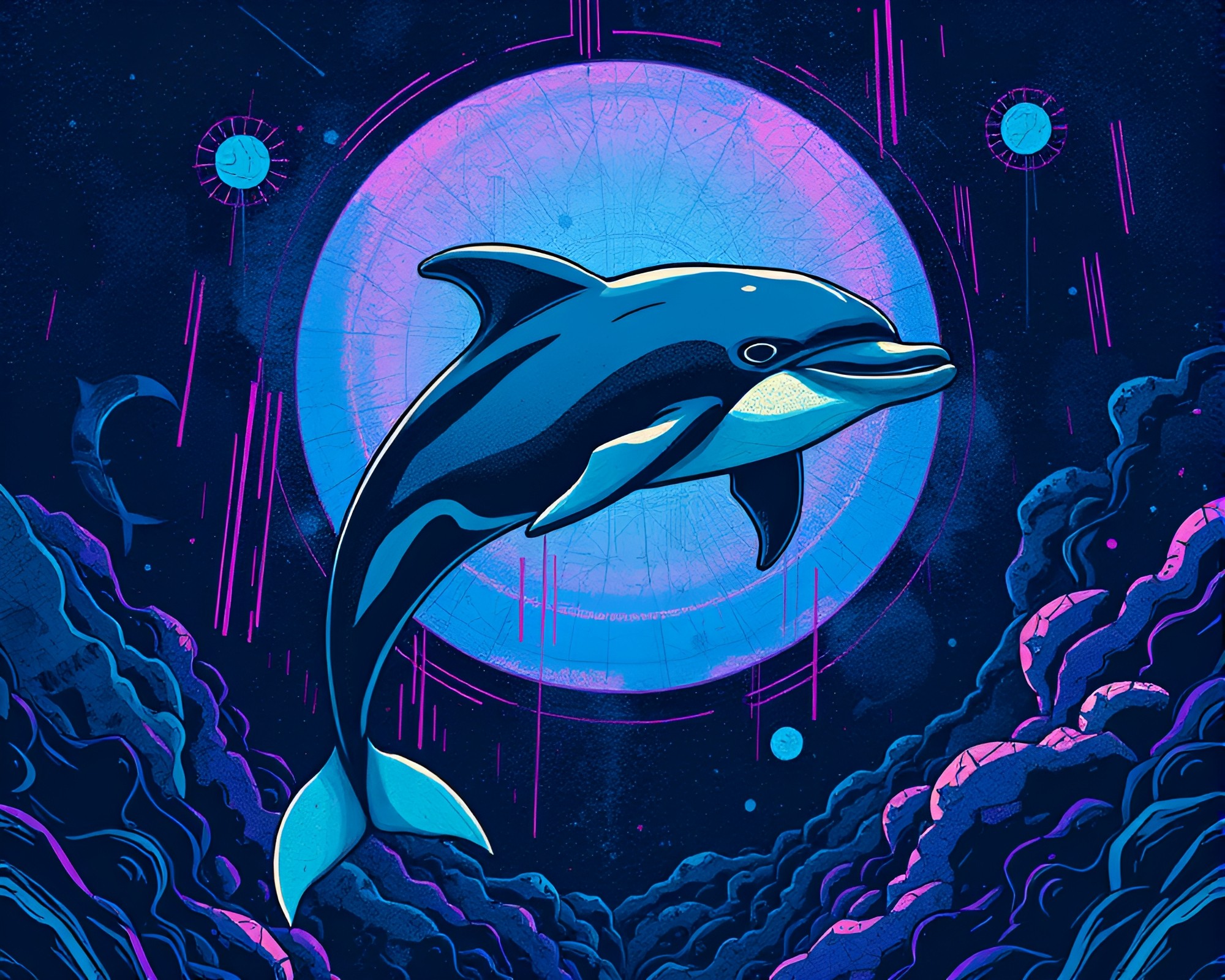 Neon Dolphin in Cyberpunk Mystery Environment – free AI stock image