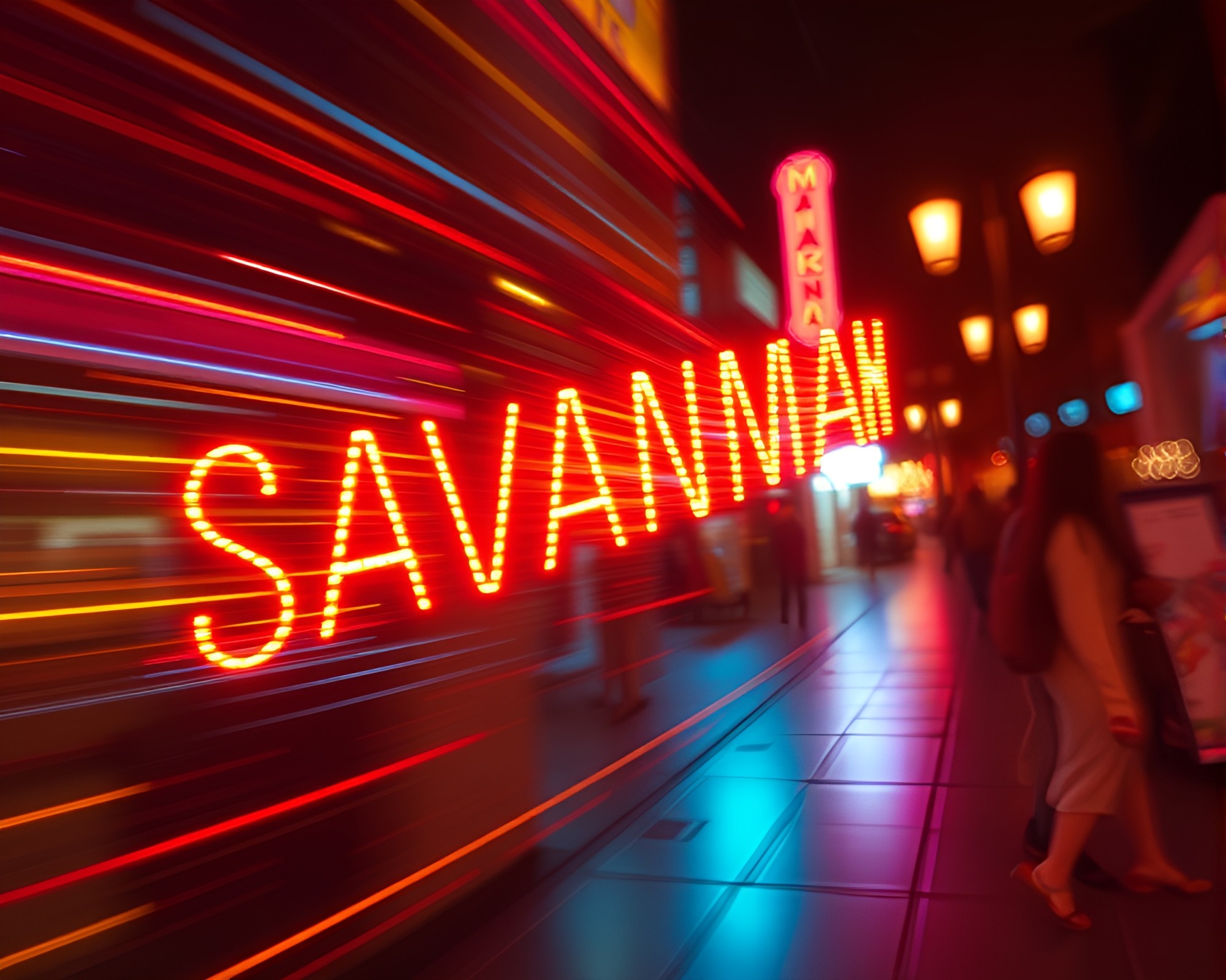 Neon sign bursts through savannah gold motion blur – free AI stock image