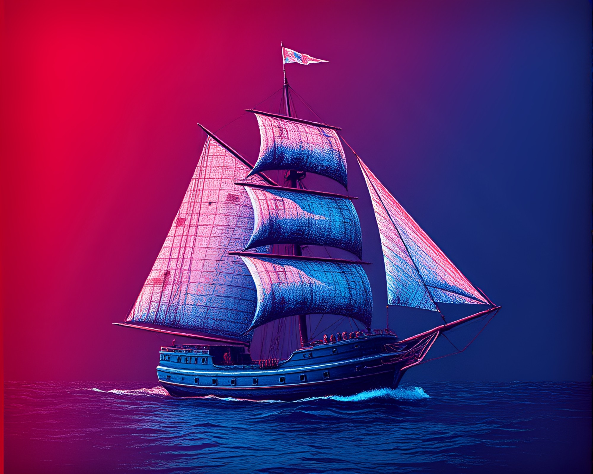 Ethereal Duotone Sailing Ship on Holographic Waters – free AI stock image