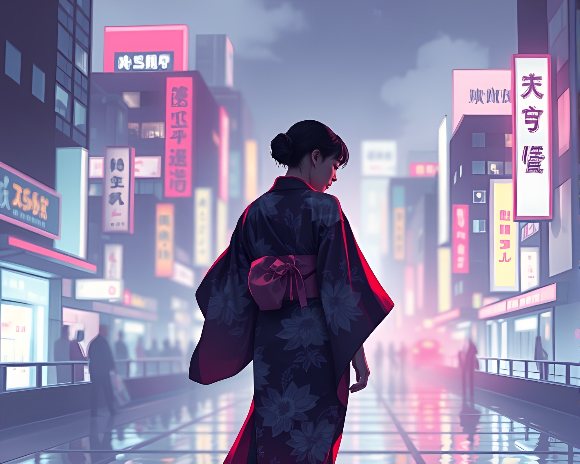 Neon City Glow: Silk Kimono Fashion Illustration – free AI stock image
