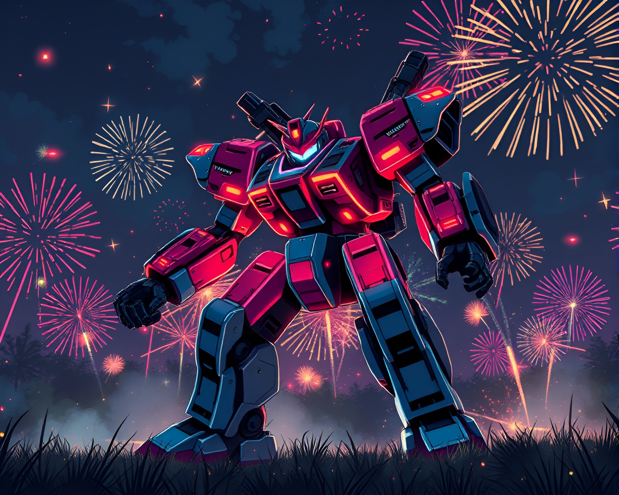 Festival Fireworks Mech Battle in 16-Bit Style – free AI stock image