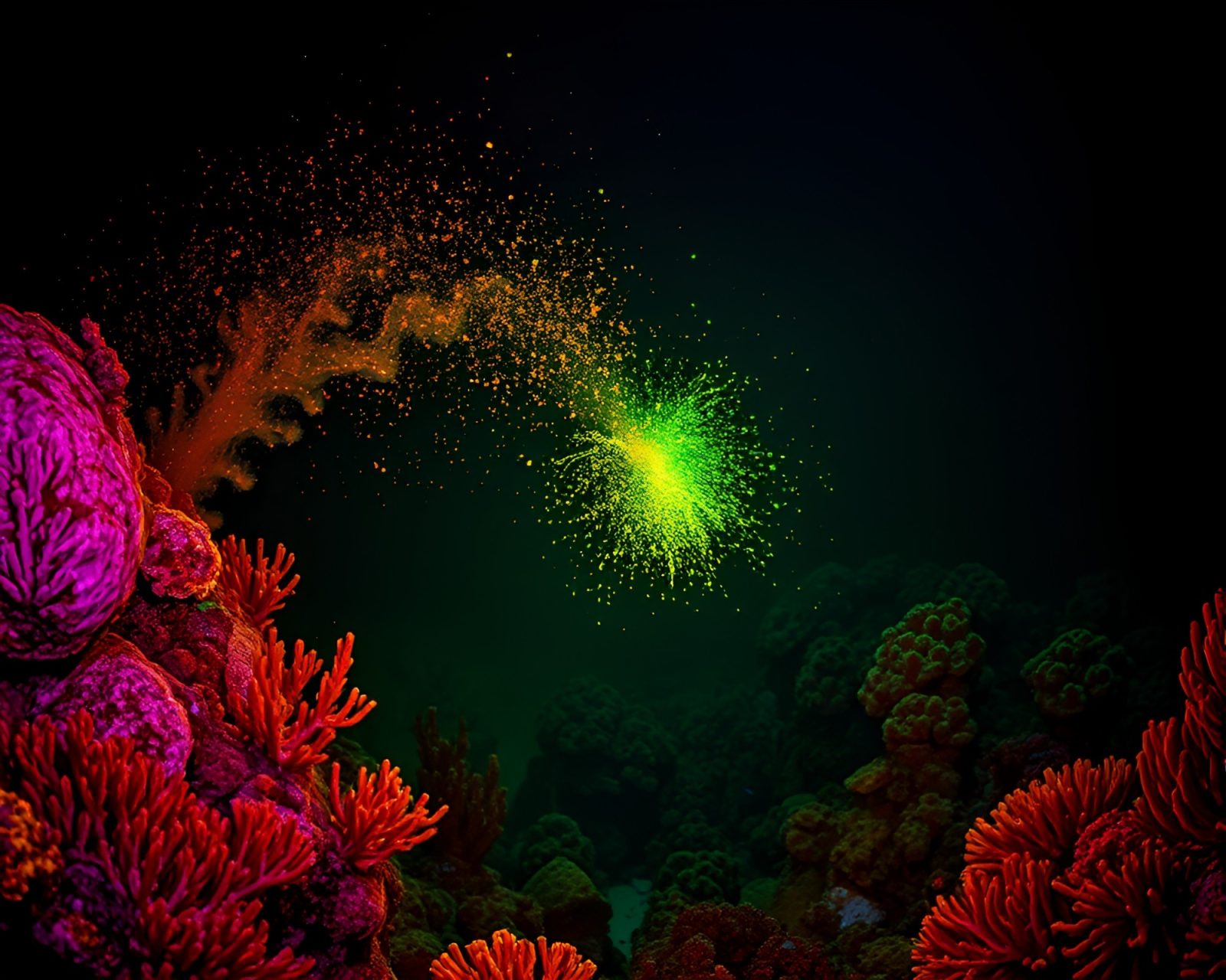 Wide-angle photo of vibrant coral reef with ink splashes, illuminated by torchlight