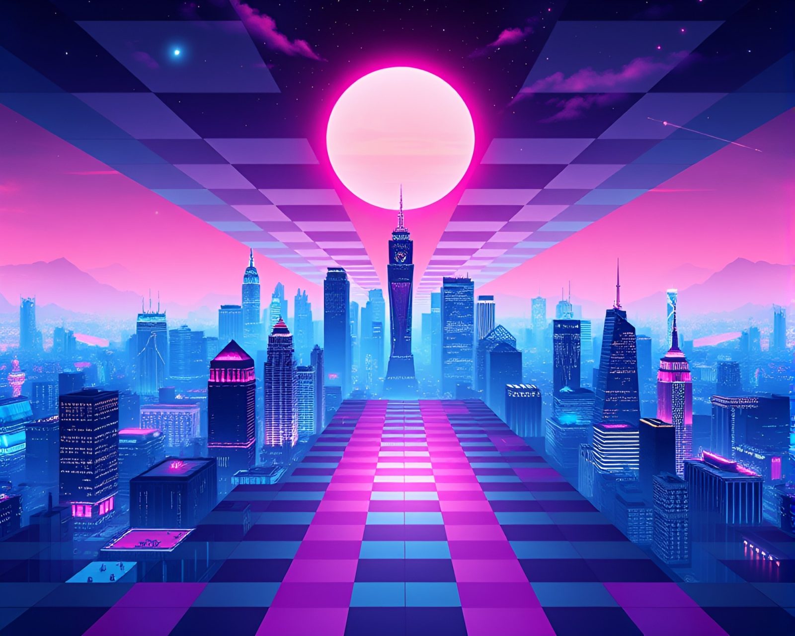 Vaporwave style cityscape with jewel tones and checkered design