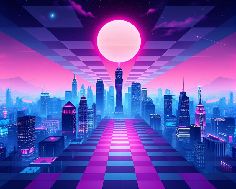 Psychedelic Virtual Cityscape with Checkered Pattern – free AI stock image