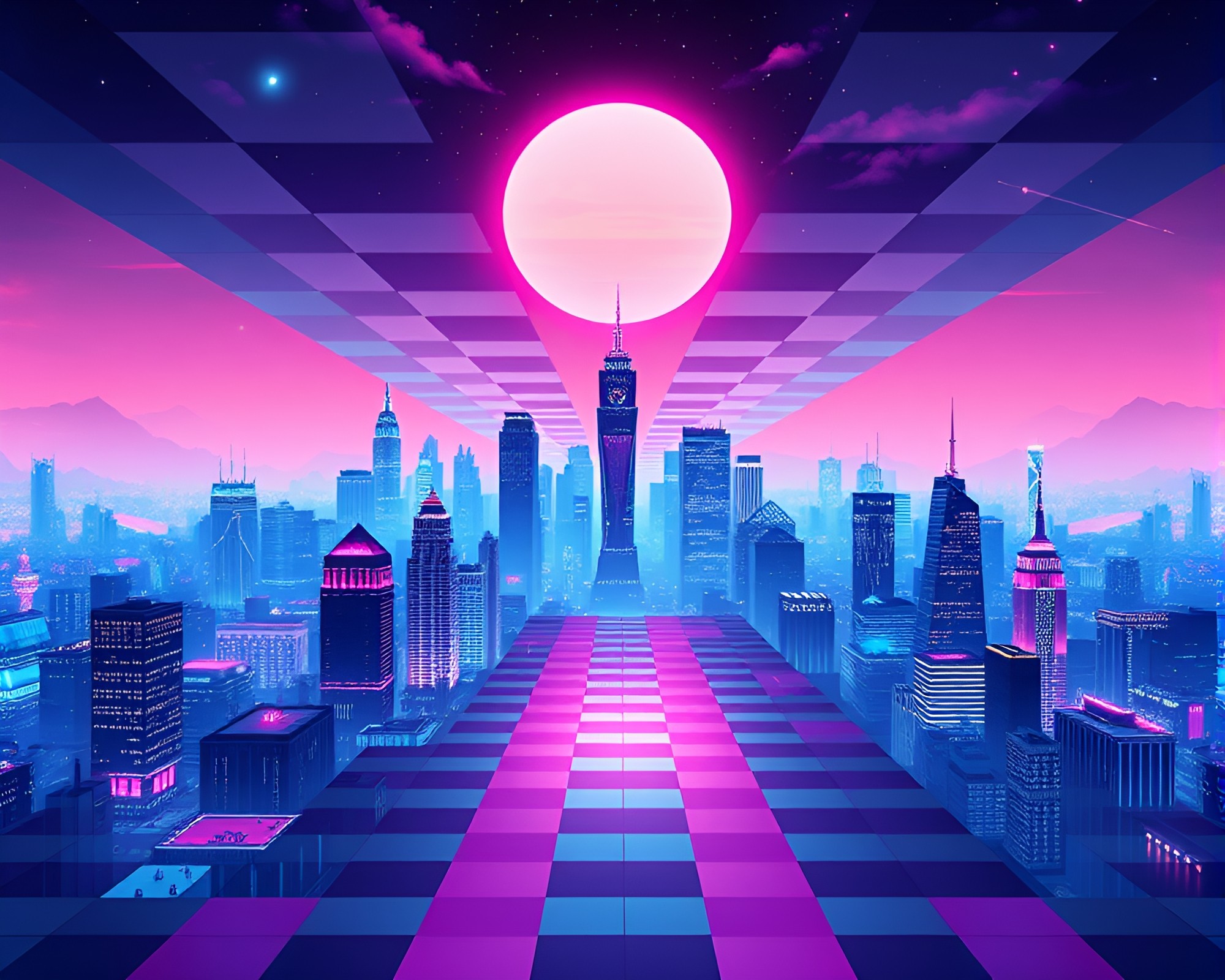 Psychedelic Virtual Cityscape with Checkered Pattern – free AI stock image
