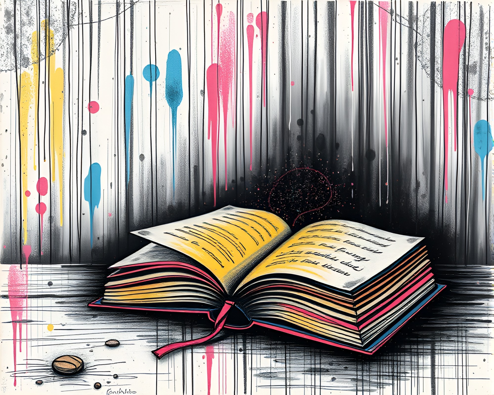 Enchanted Book Under Pastel Graffiti Sky – free AI stock image