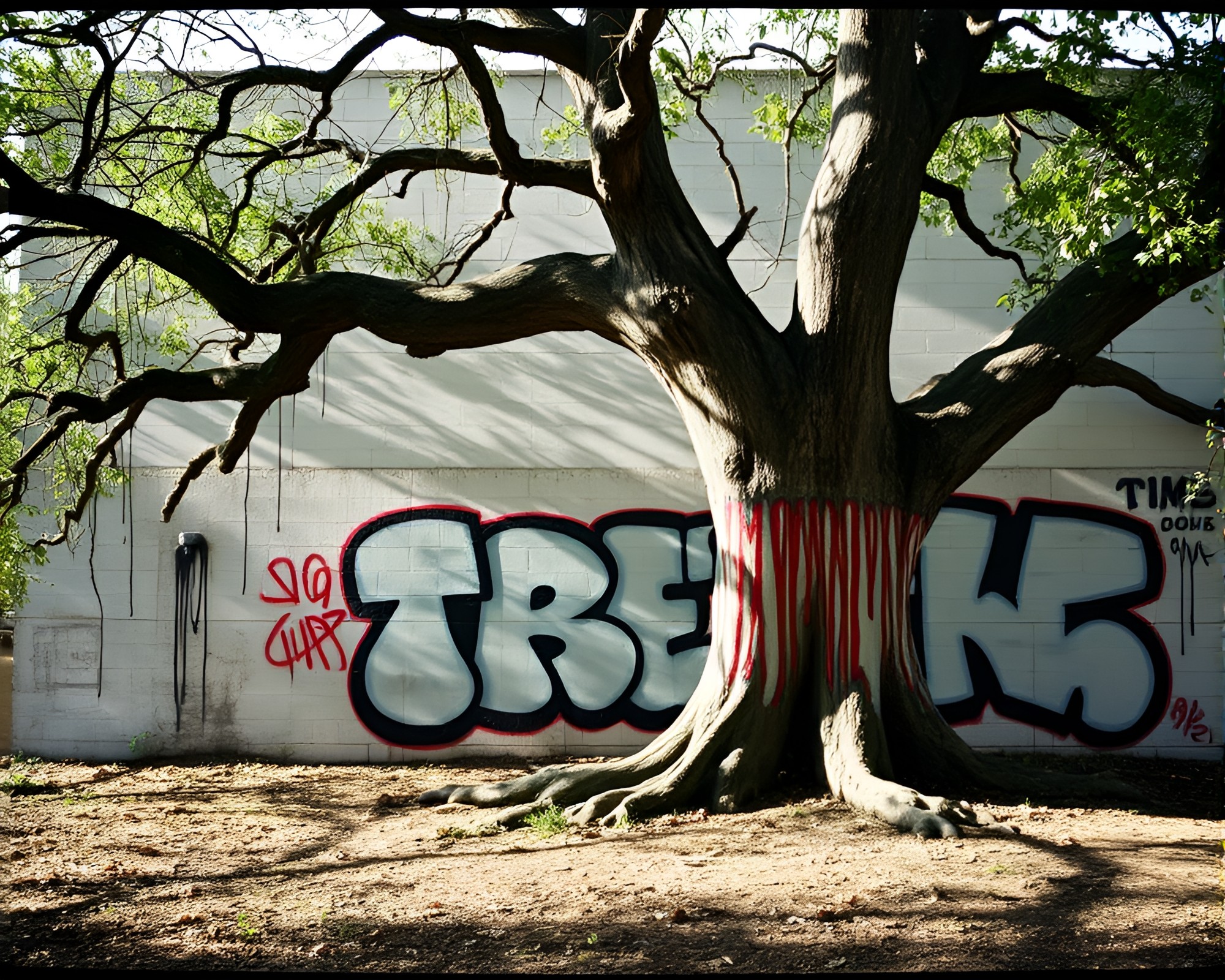 Ancient Tree Enveloped in Graffiti Drips – free AI stock image