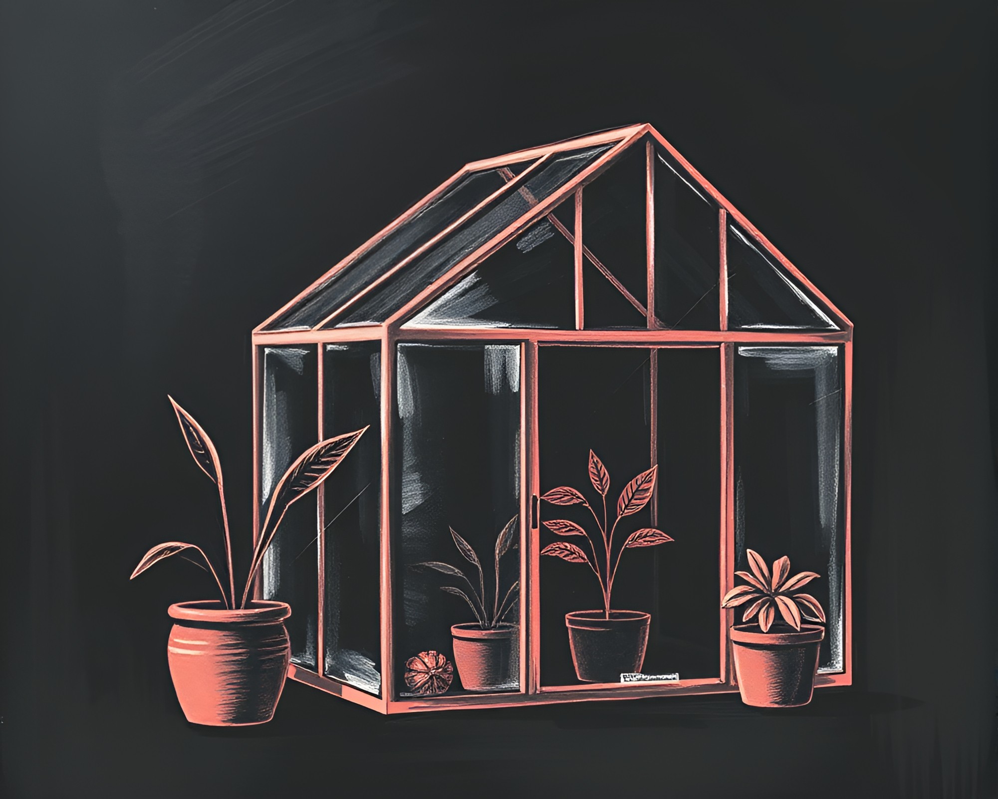 Chalkboard smudges casting peachy glow in glass greenhouse – free AI stock image