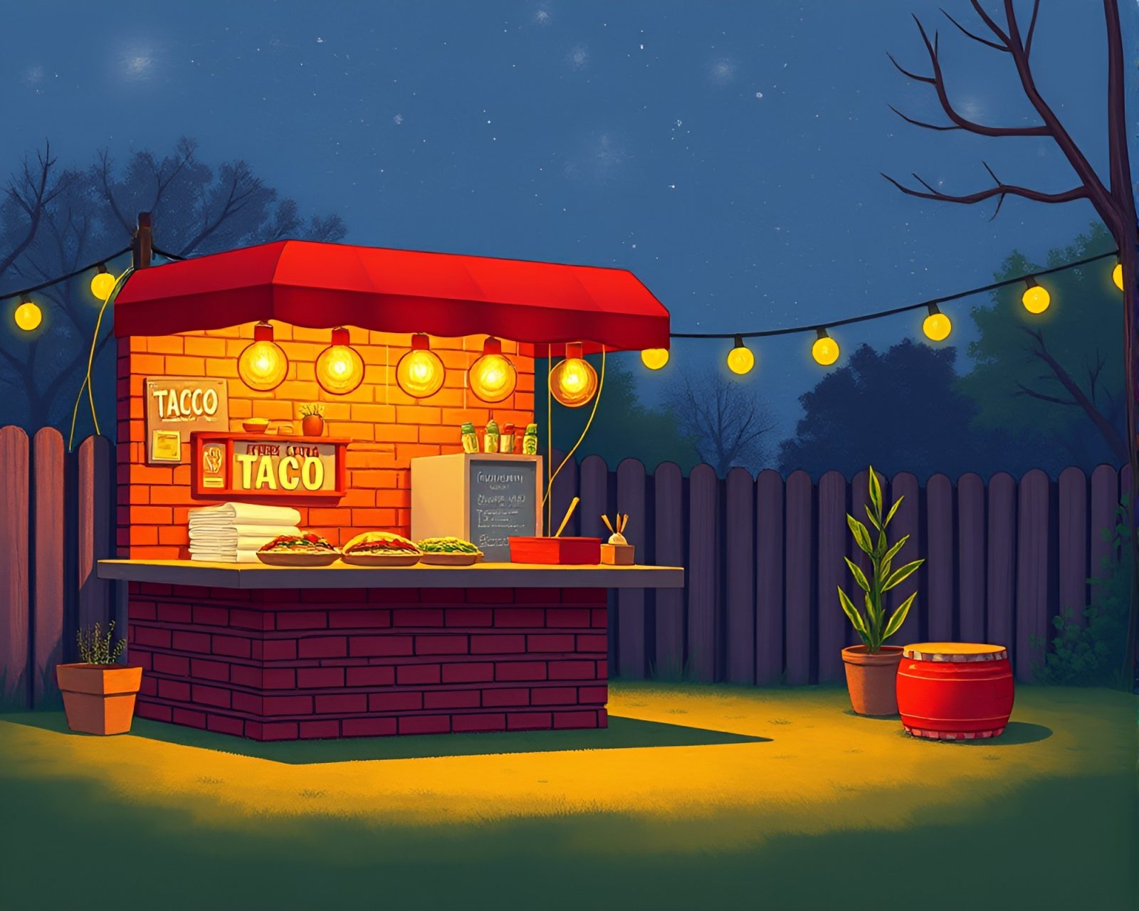 Colorful children's book illustration of a taco stand lit by fiber optic lights in a deep brick red setting