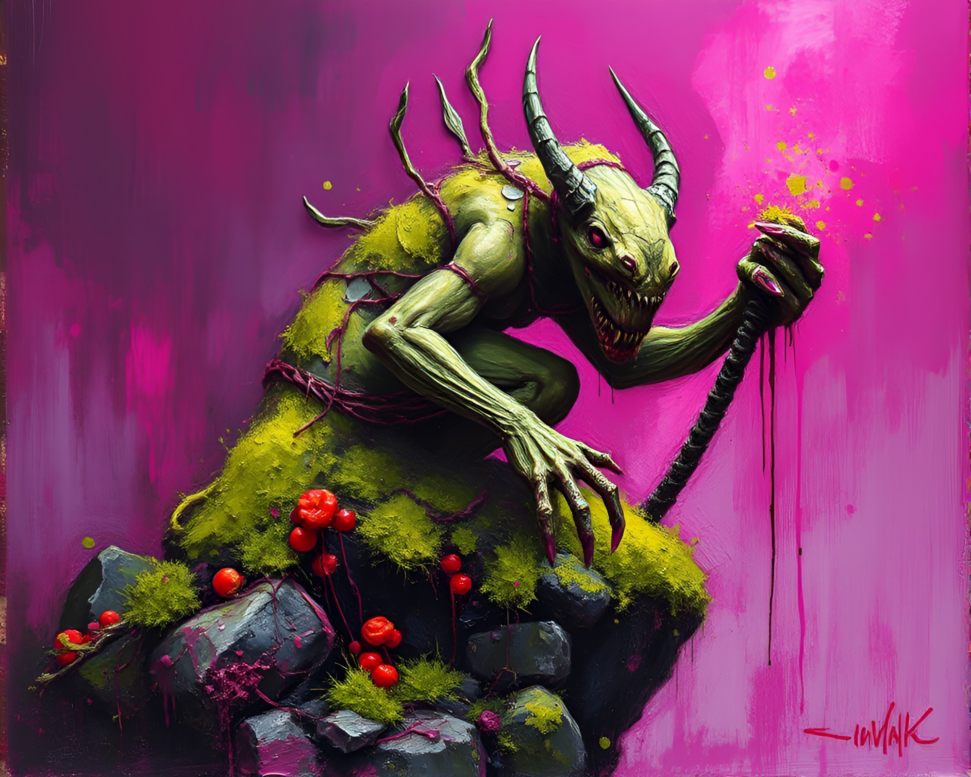Enchanted Moss-Covered Djinn in Magenta Palette Knife Painting – free AI stock image