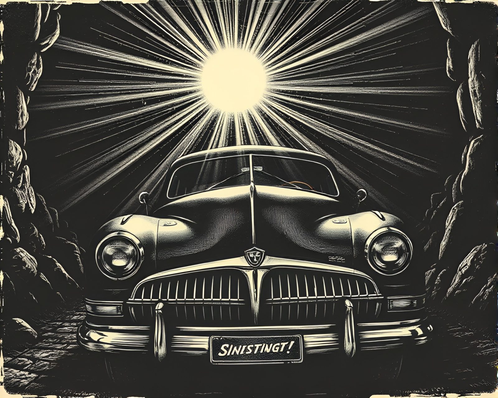 Vintage car illuminated by torchlight in engraved style
