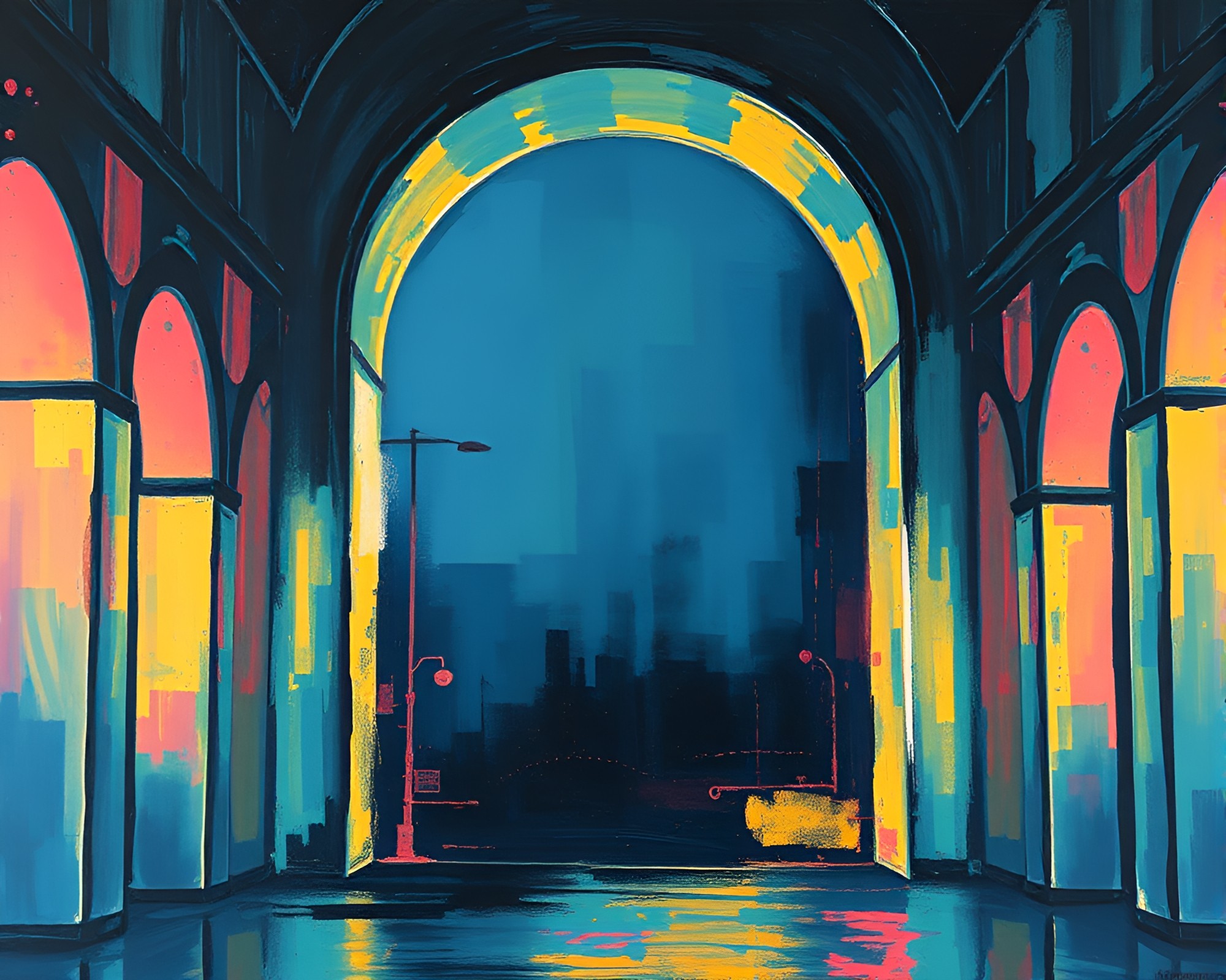 Abstract Glow-in-the-Dark Architectural Gouache Masterpiece – free AI stock image