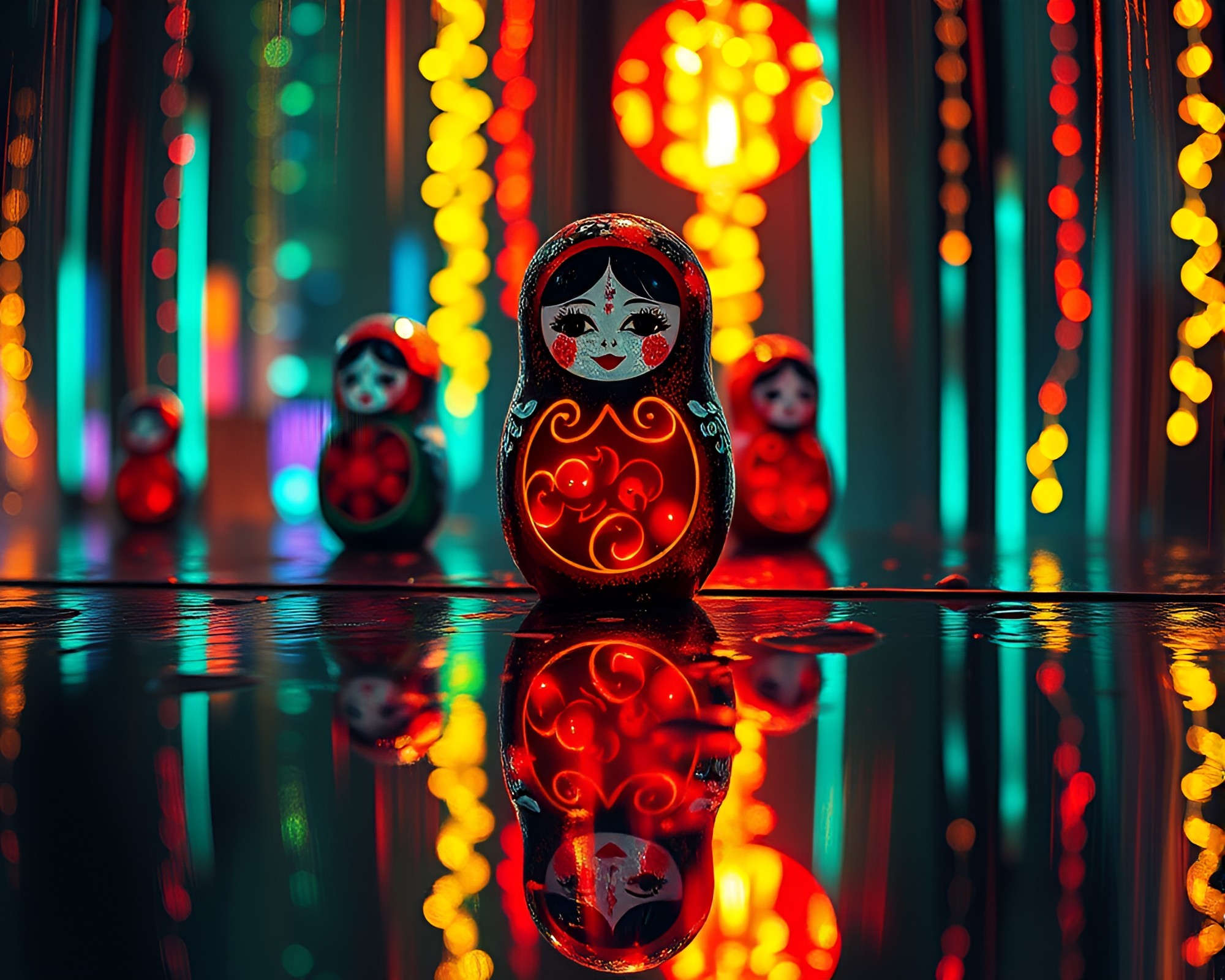 Neon-lit Matryoshka Doll in Strobe-lit Club Scene – free AI stock image