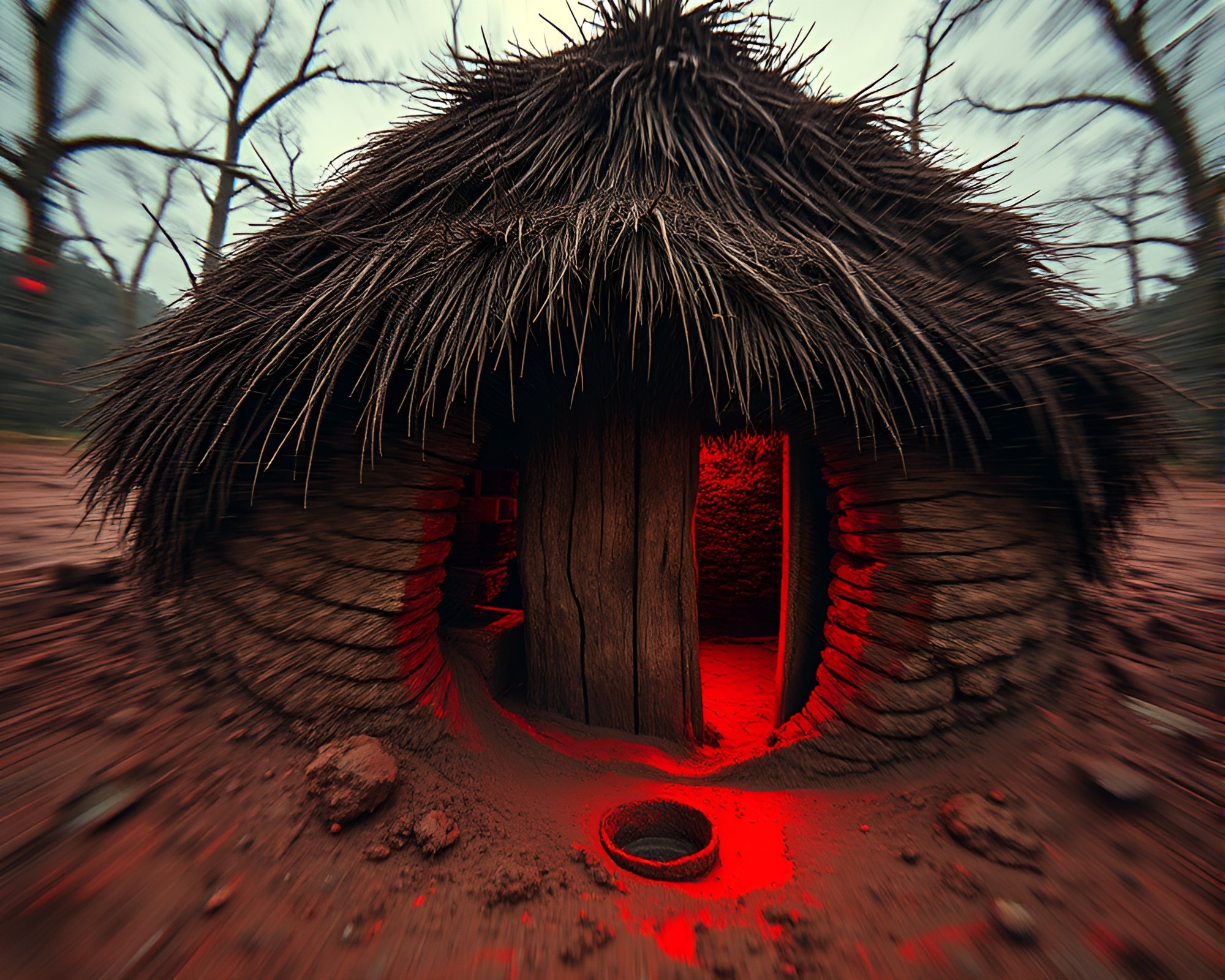 Swirling Lens Distortion Illuminates Brick Red Mud Hut – free AI stock image