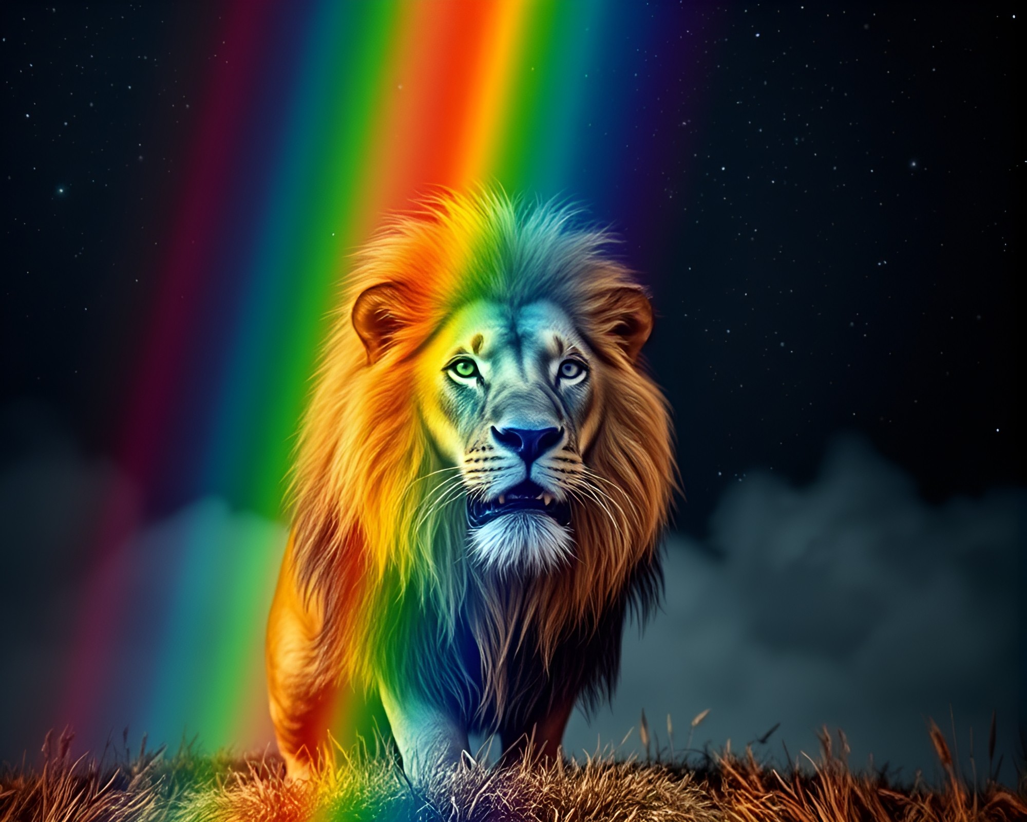 Cosmic Lion Roaming Through Lens-Distorted Photogrammetry Galaxy – free AI stock image
