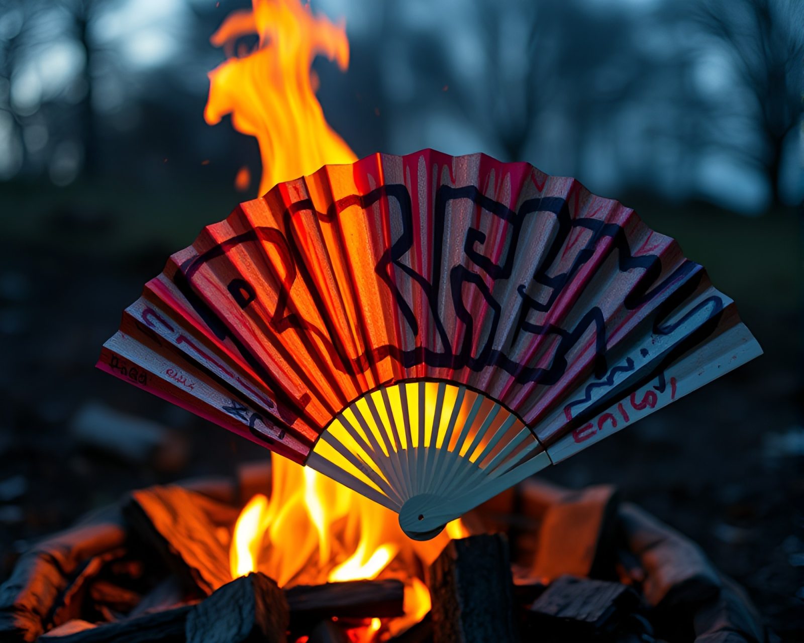 Vibrant fan amid graffiti drips in warm, bonfire-lit setting