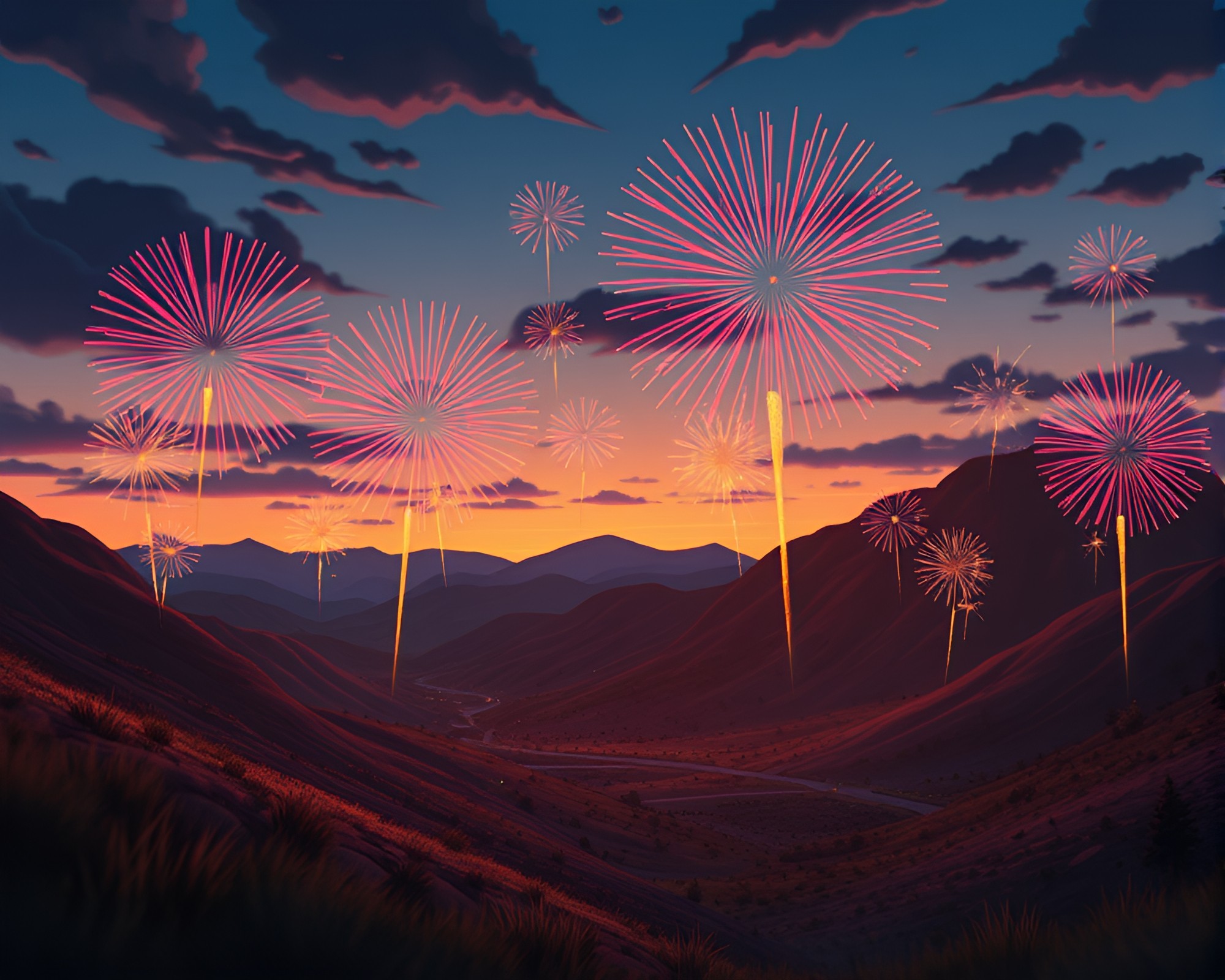 Fireworks Valley Dusk Twilight Animation – free AI stock image