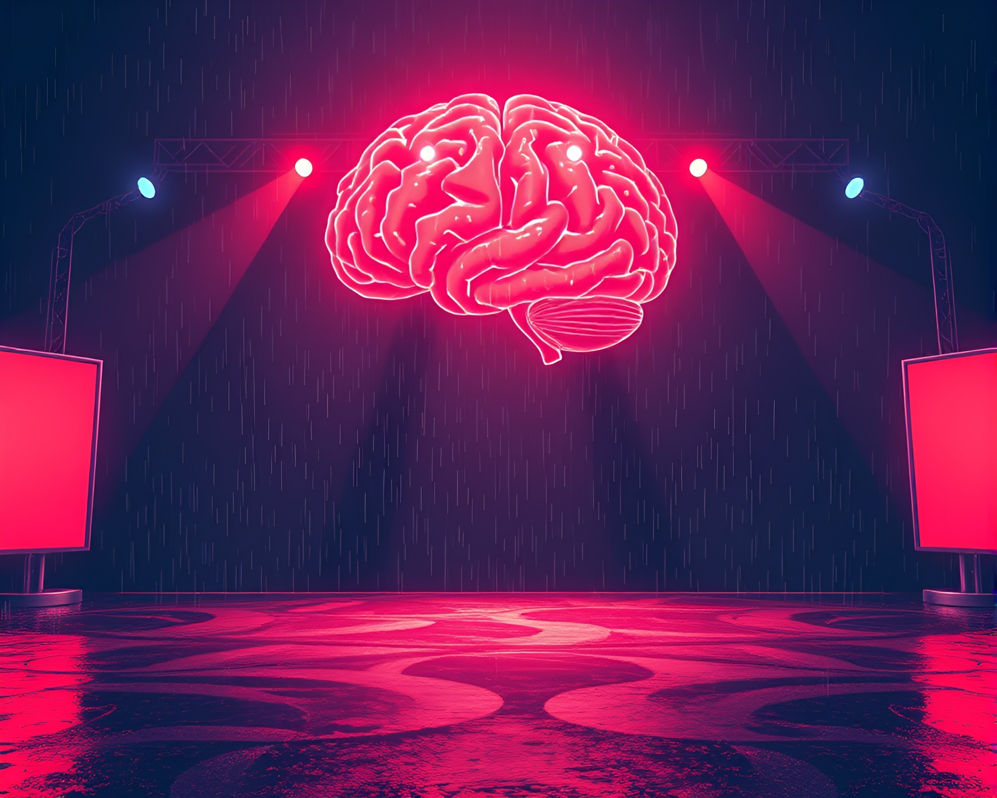 AI Brain Illuminated in Spotlight on Wet Pavement – free AI stock image