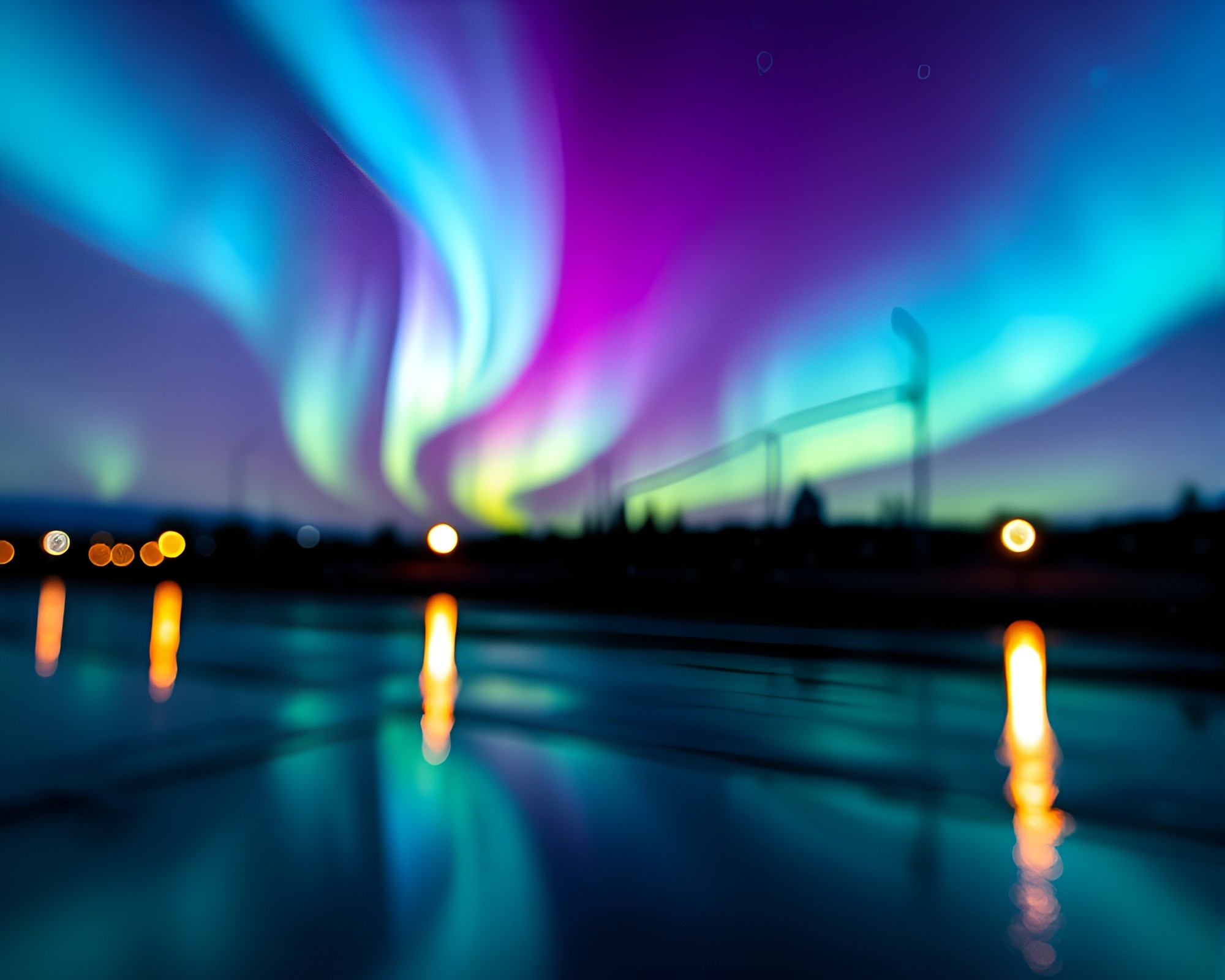Northern Lights Over Rainy City Tilt-Shift Landscape – free AI stock image