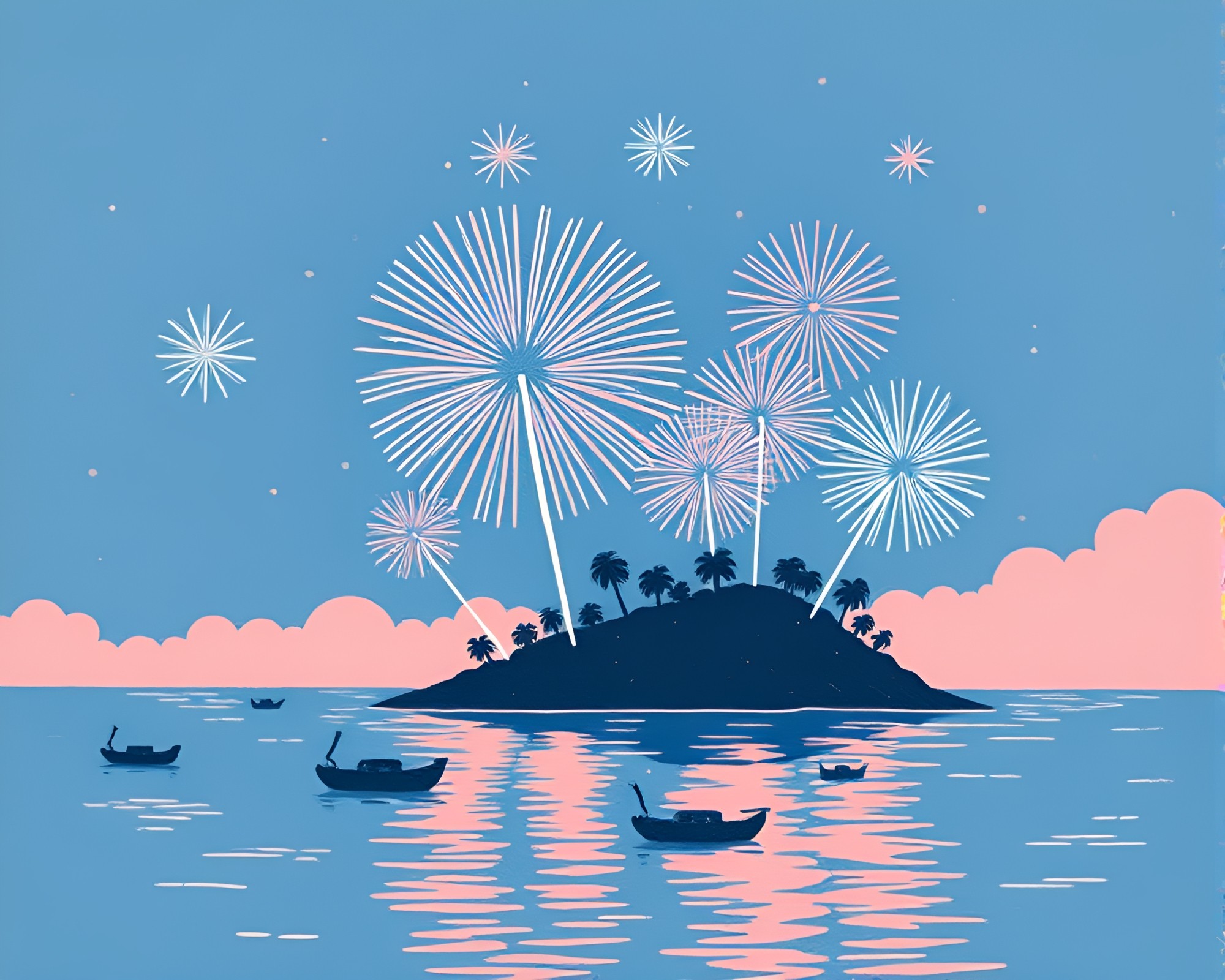 Surreal Fireworks Display over Floating Pastel Island – free AI stock image