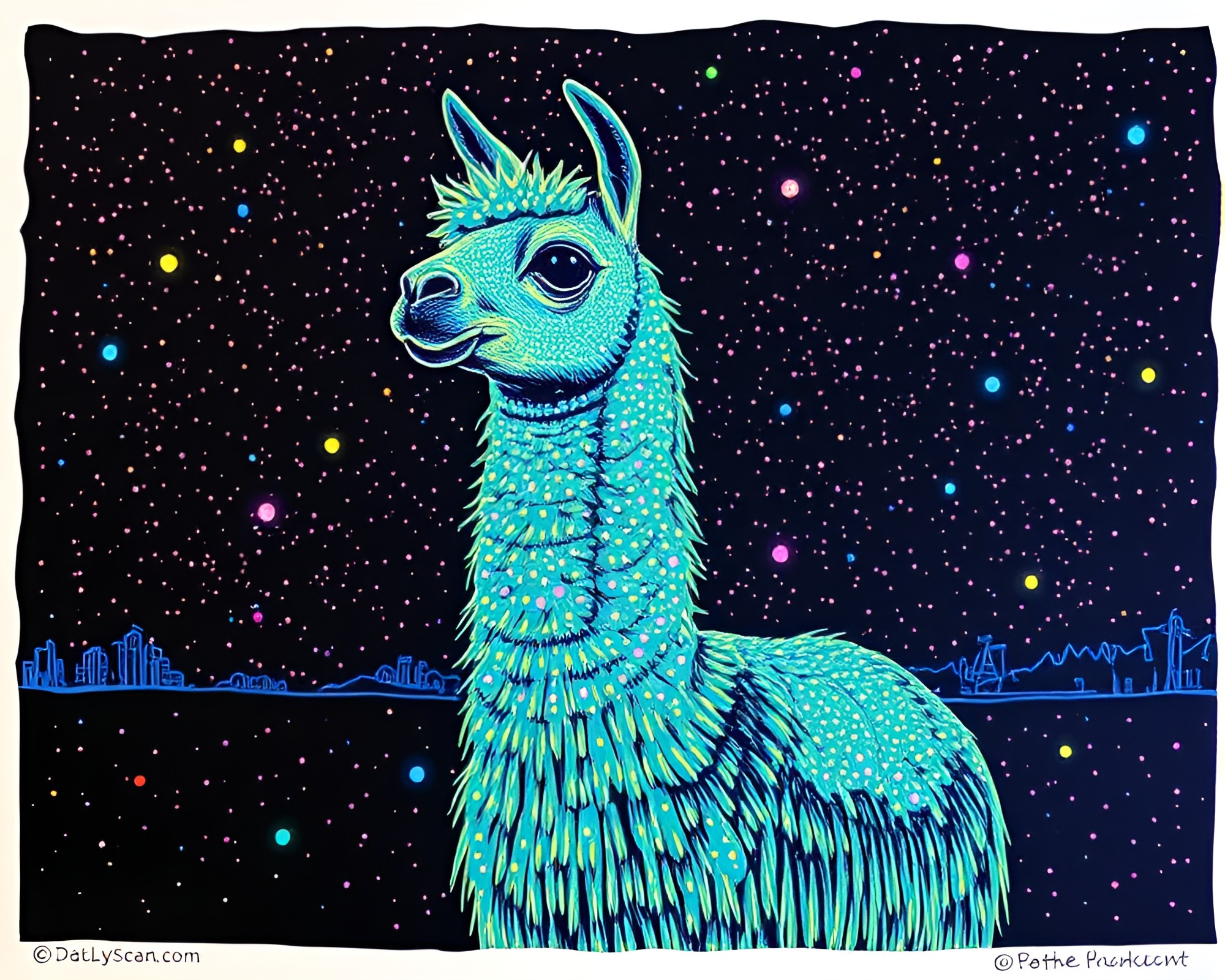 Psychedelic Llama in Acrylic Splatter Night – free AI stock image