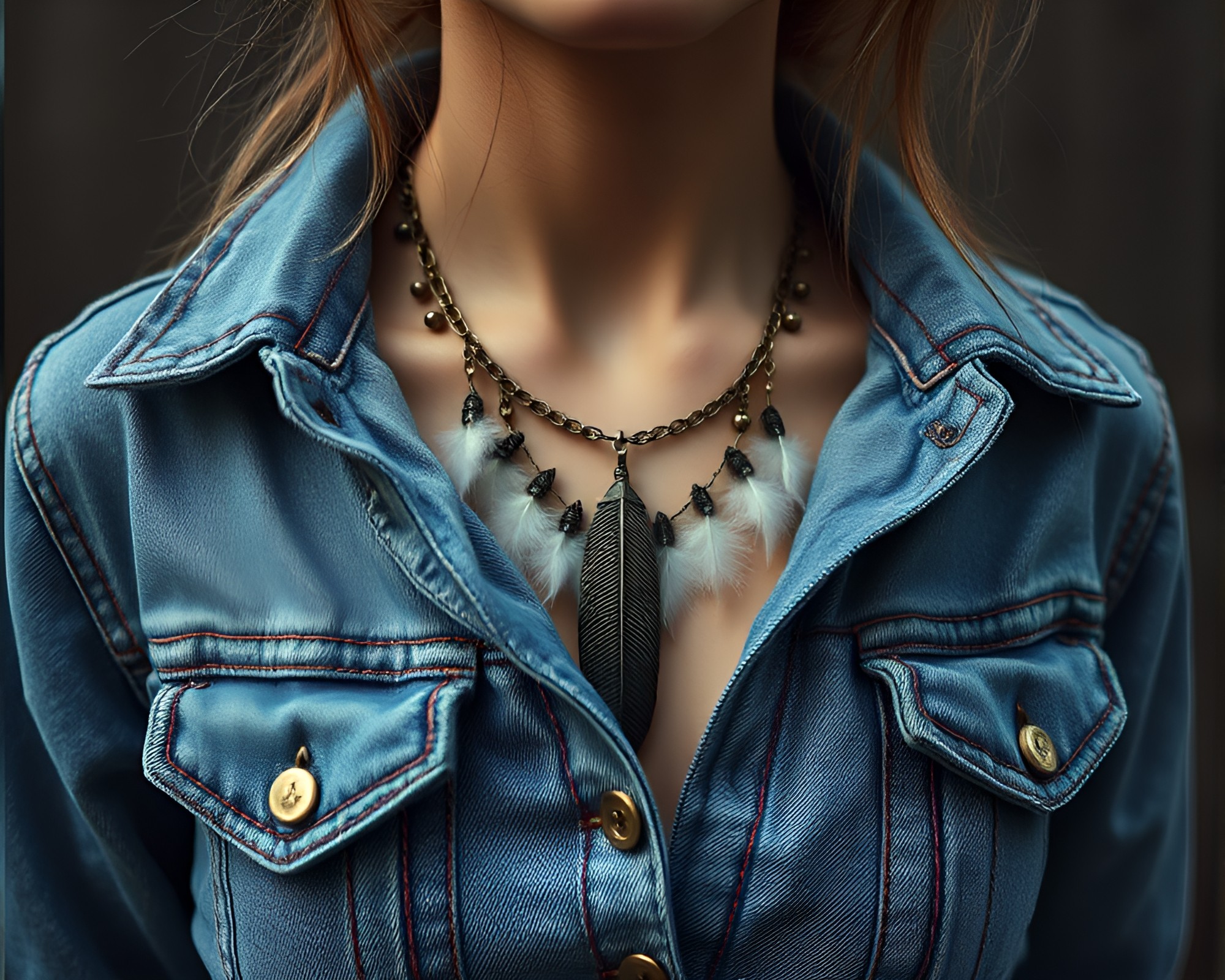 Delicate feather dusting accentuating faded denim necklace – free AI stock image