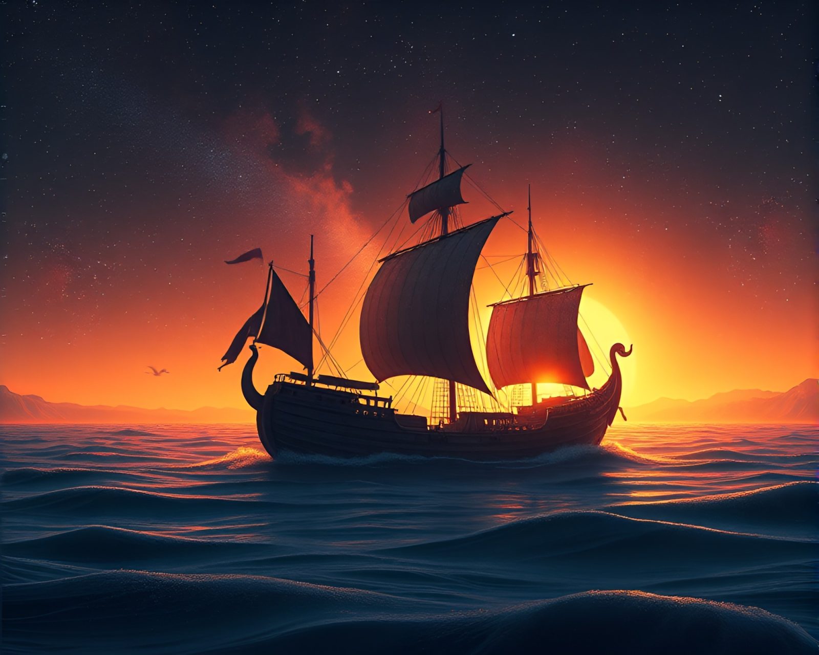 A majestic Viking longship navigating through shimmering cosmic dust