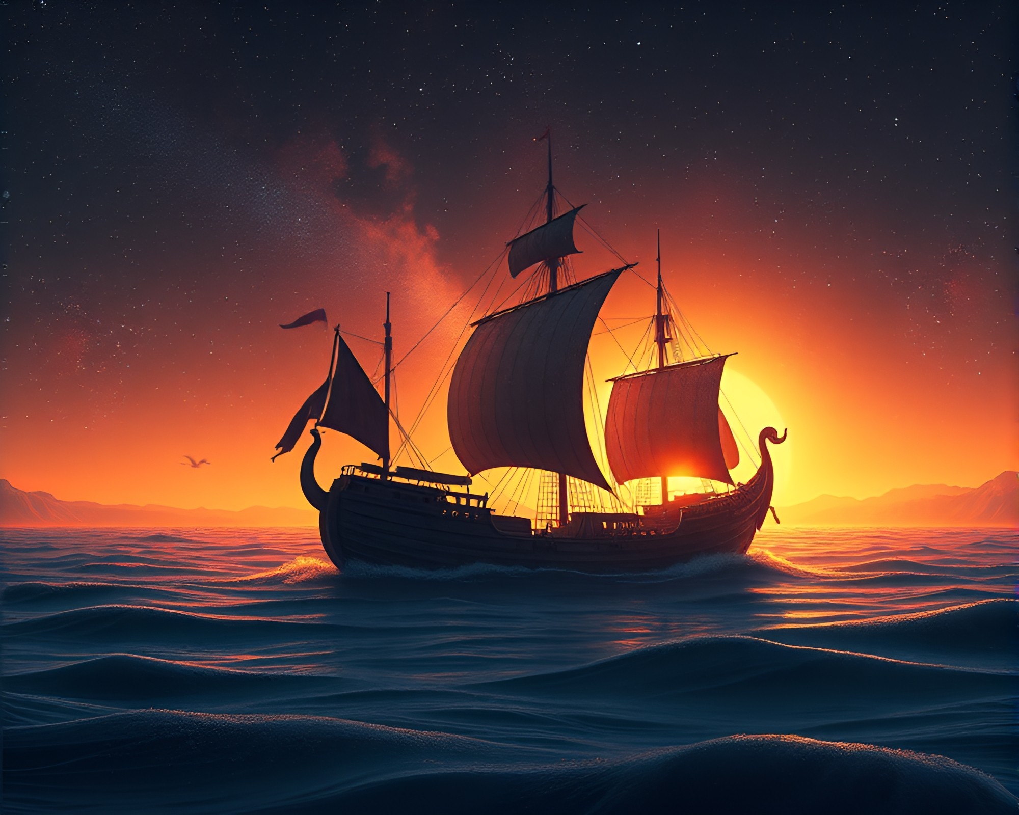 Viking Longship Sailing Through Cosmic Dust at Golden Hour – free AI stock image