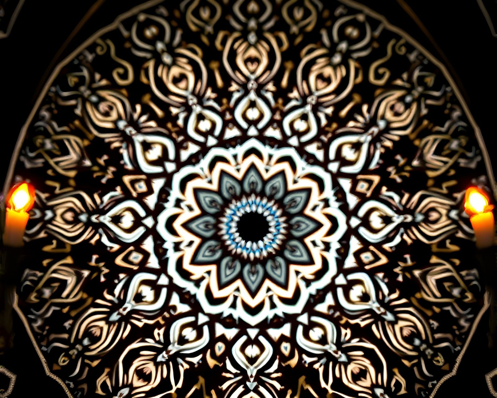 Intricate kaleidoscopic mandala bathed in warm candlelight glow