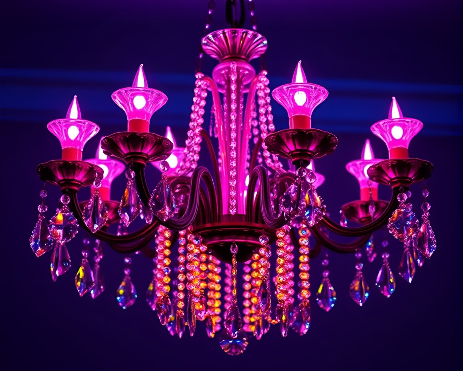 Glistening wet glass beads on ornate chandelier in purple light