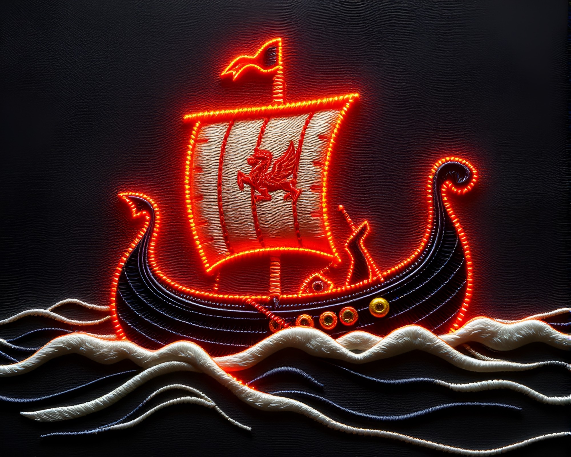 Neon Viking Longship Embroidered in God Rays – free AI stock image