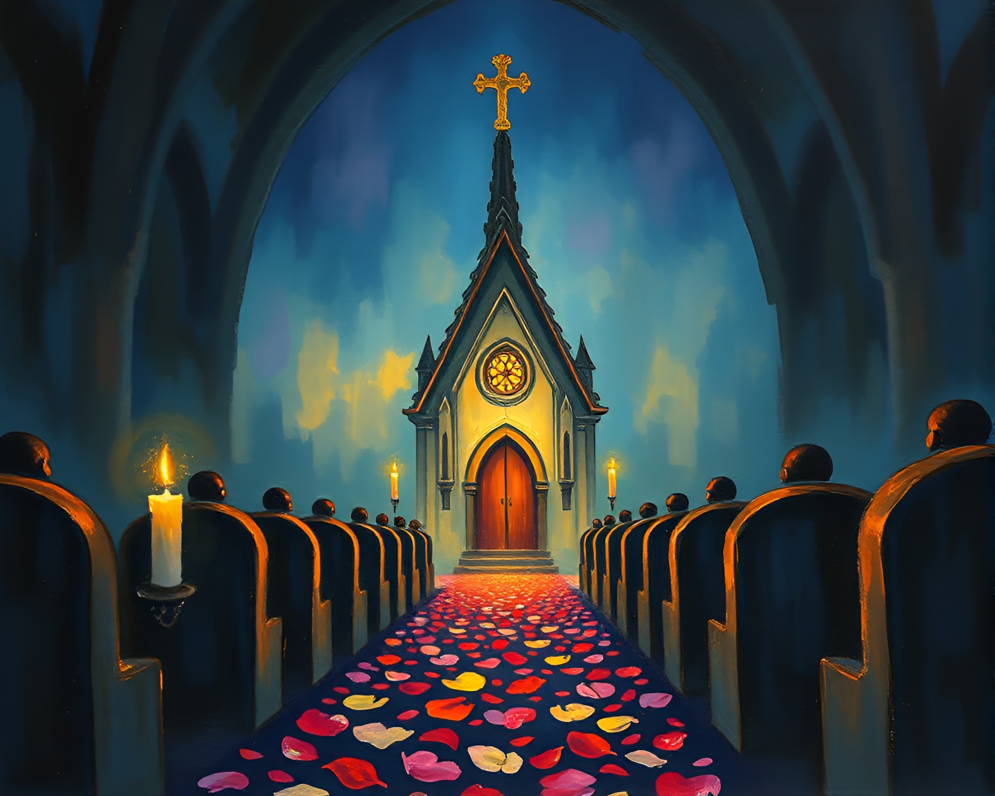 Dwarf in Candlelit Church Surrounded by Flower Petals – free AI stock image