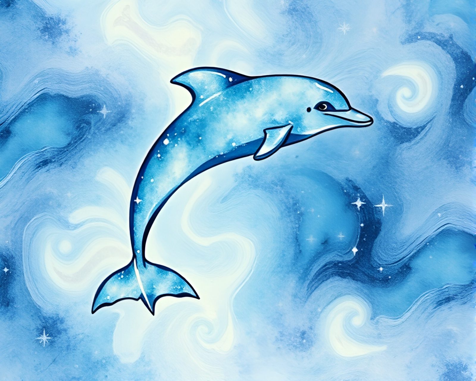 A mystical dolphin weaving through cosmic ink swirls
