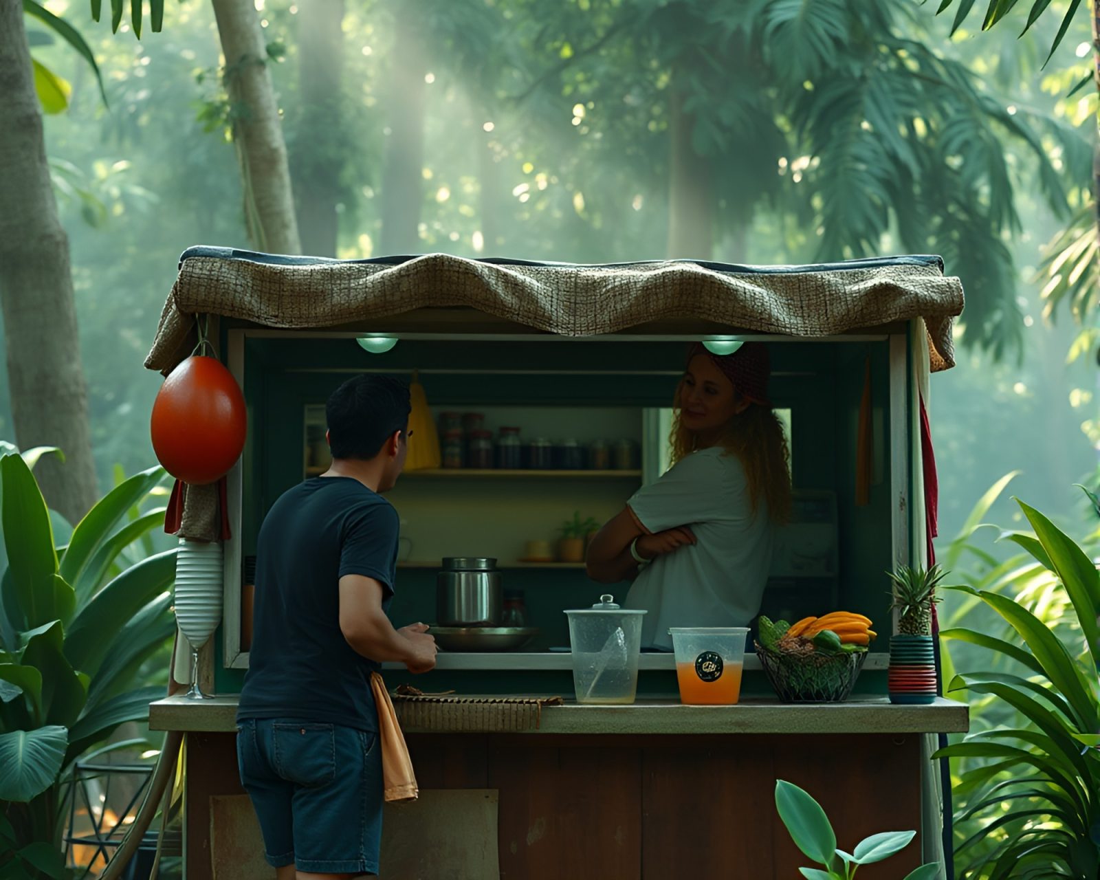 Toon shaded scene of a rainy taco stand in lush greenery