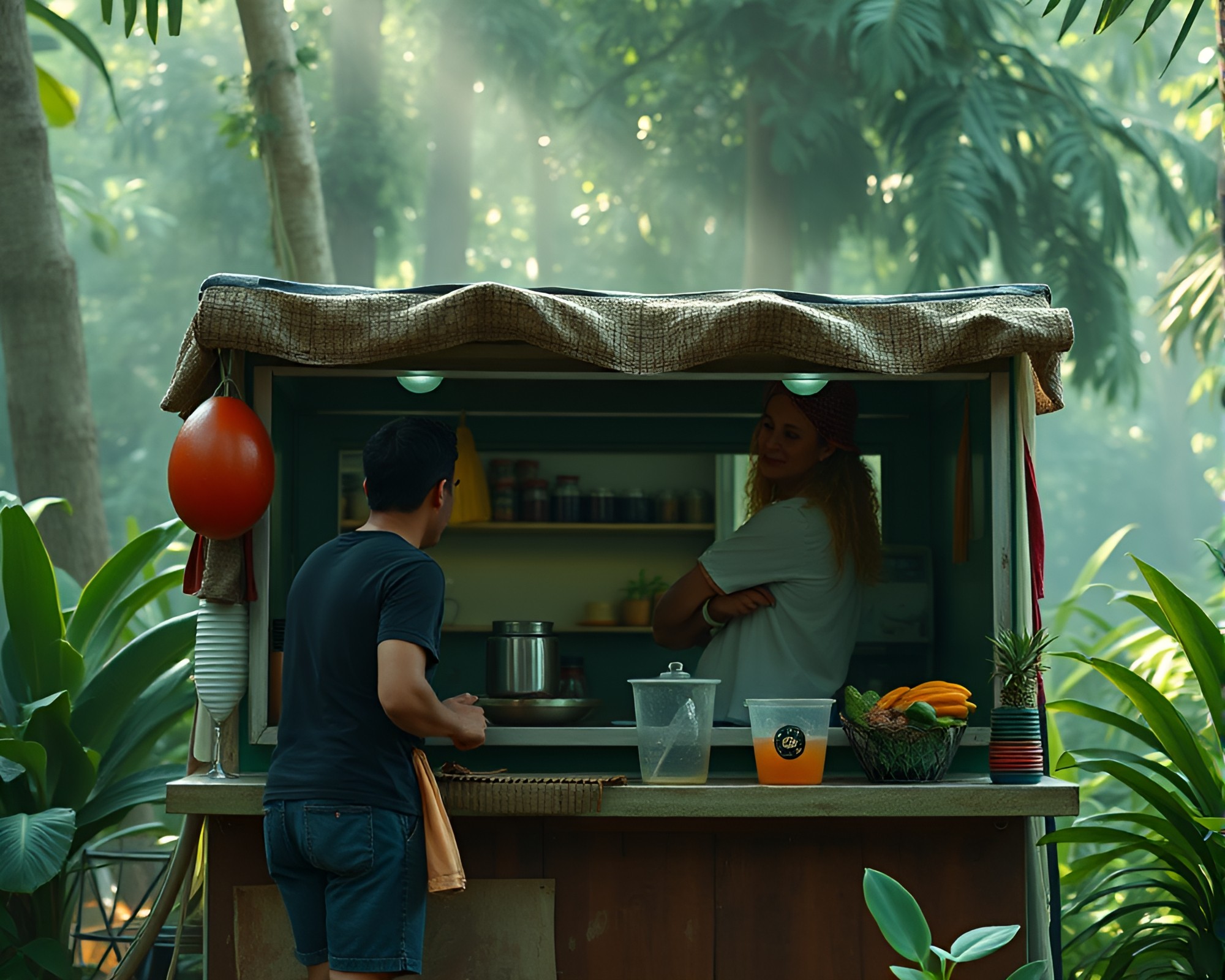 Candid Taco Stand Encounter During Jungle Rainstorm – free AI stock image