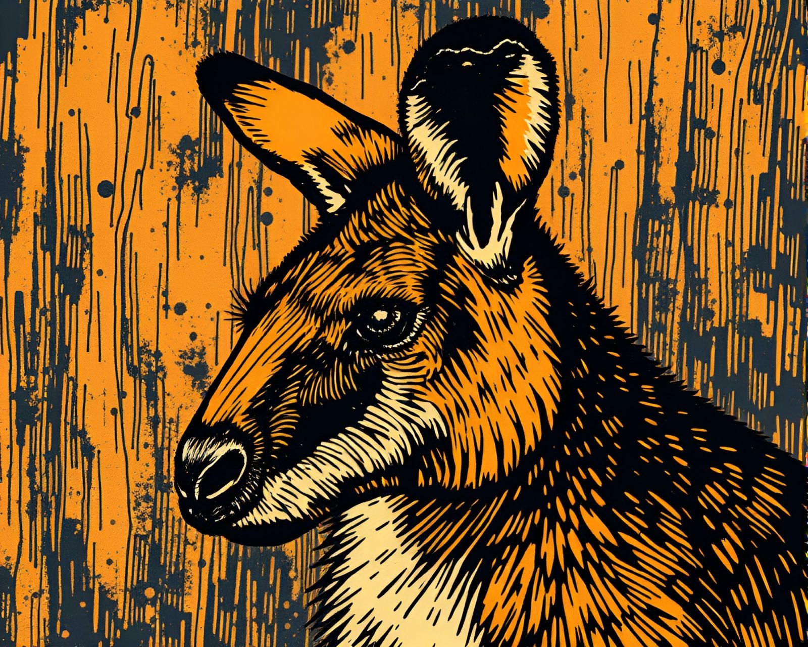 Generative kangaroo linocut art with rich oil textures