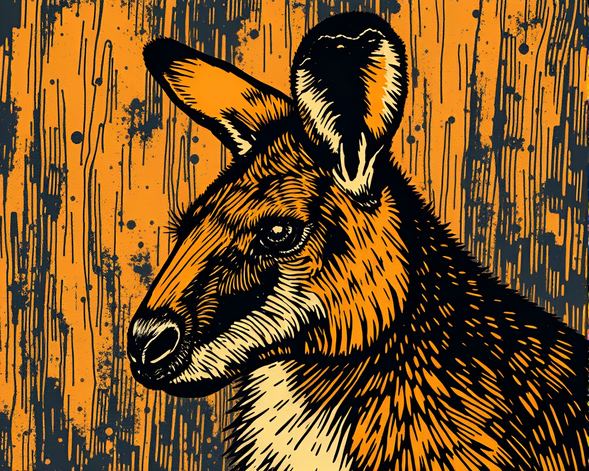 Surreal Kangaroo Linocut with GAN Oil Textures – free AI stock image