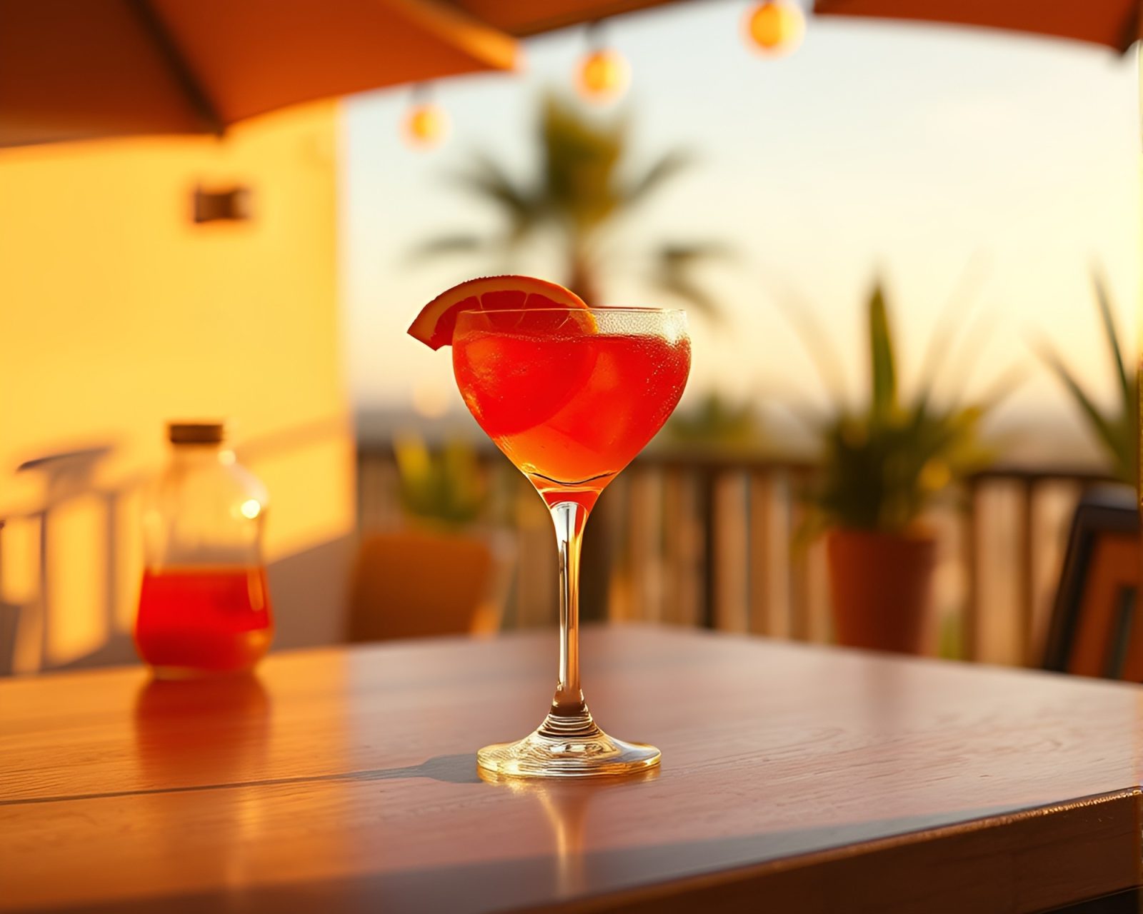 Vibrant 3D render of a blood orange drink in sunset light