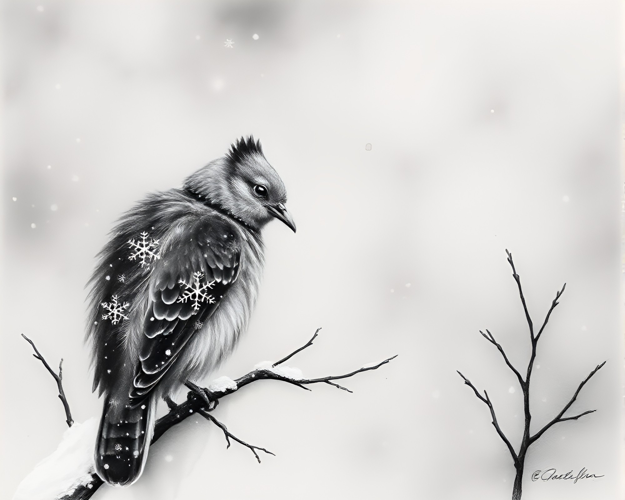 Enchanting Winter Wildlife: Snowflakes in Graphite Gra – free AI stock image
